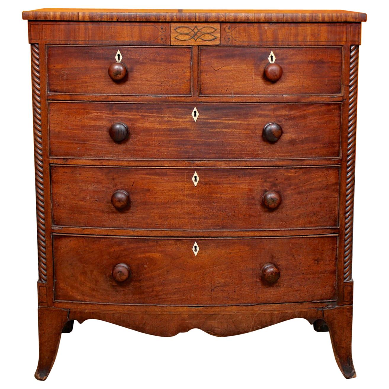 Bowfront Chest of Drawers Carved Inlaid Mahogany, 19th Century For Sale