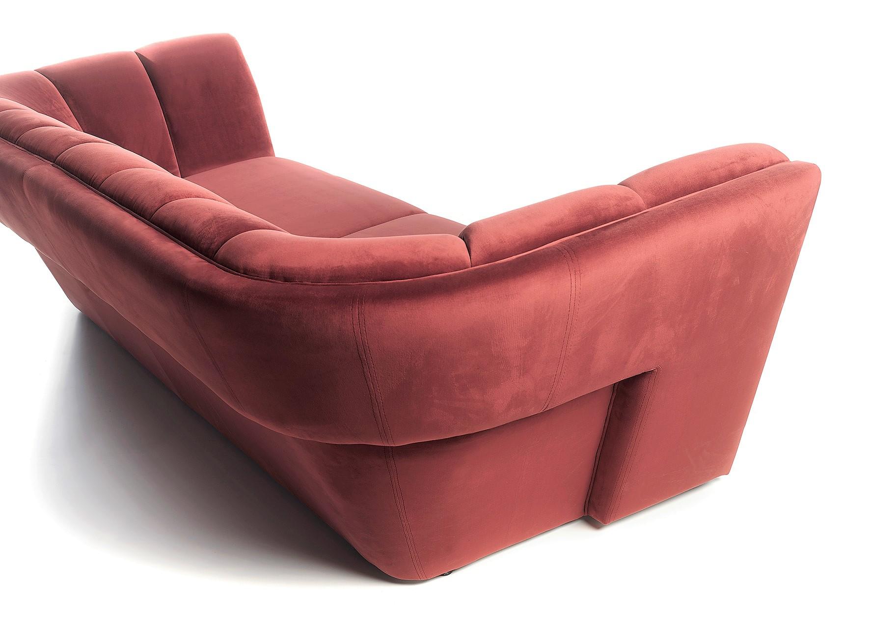 Modern Upholstered Striped Style Sofa In Tai Marsala Smooth Velvet. For Sale