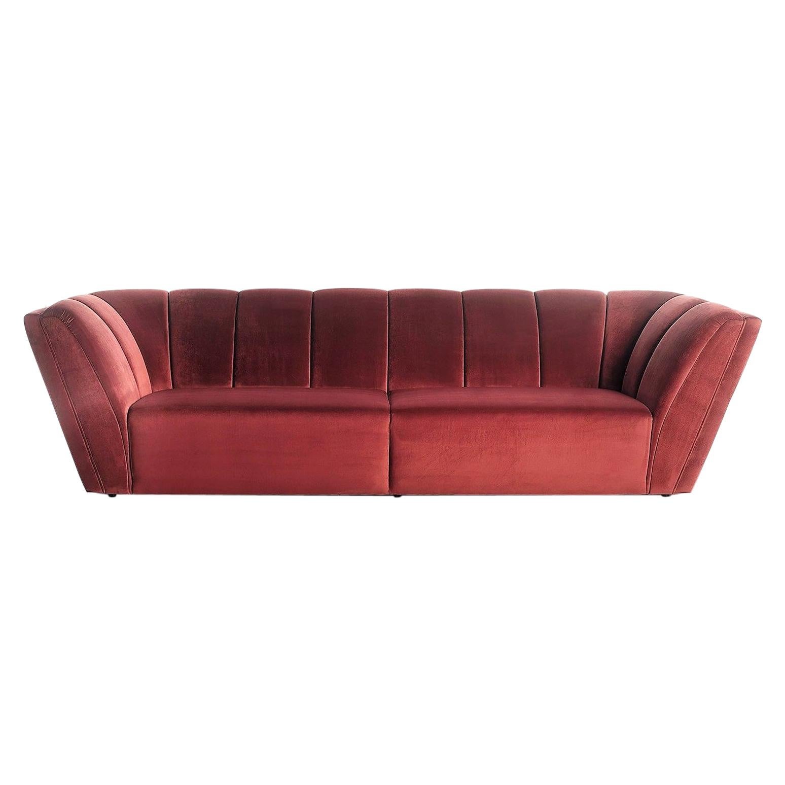 Upholstered Striped Style Sofa In Tai Marsala Smooth Velvet. For Sale