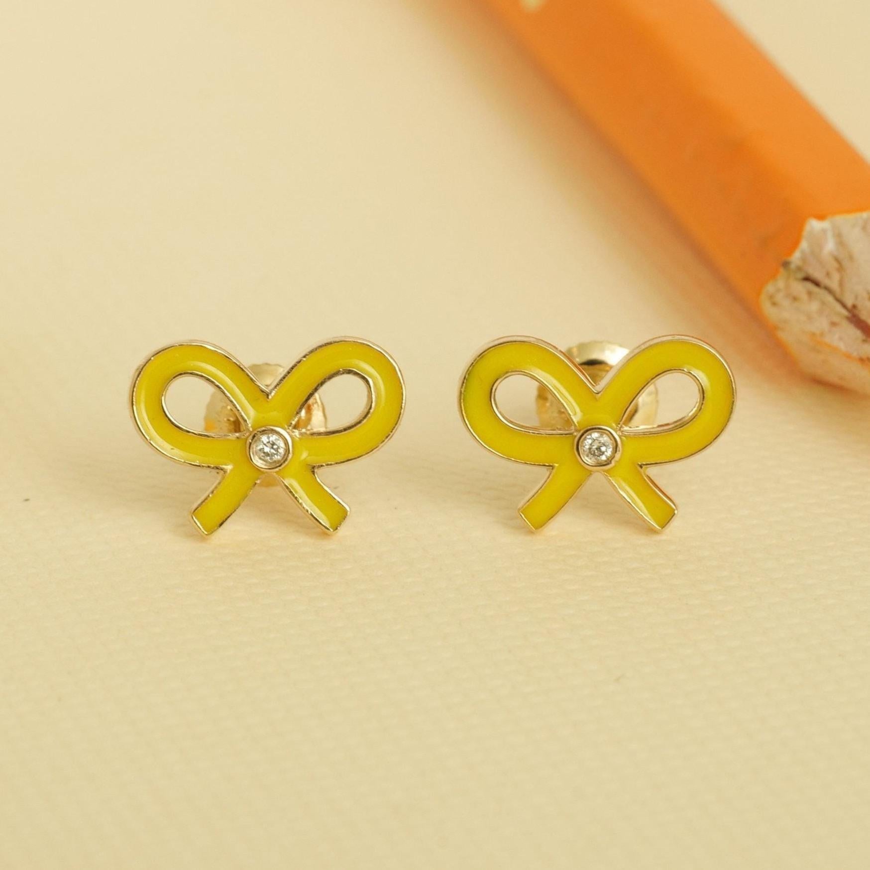Art Deco Bowknot Diamond Stud Kids Earrings in 14k Solid Gold (Certified) For Sale