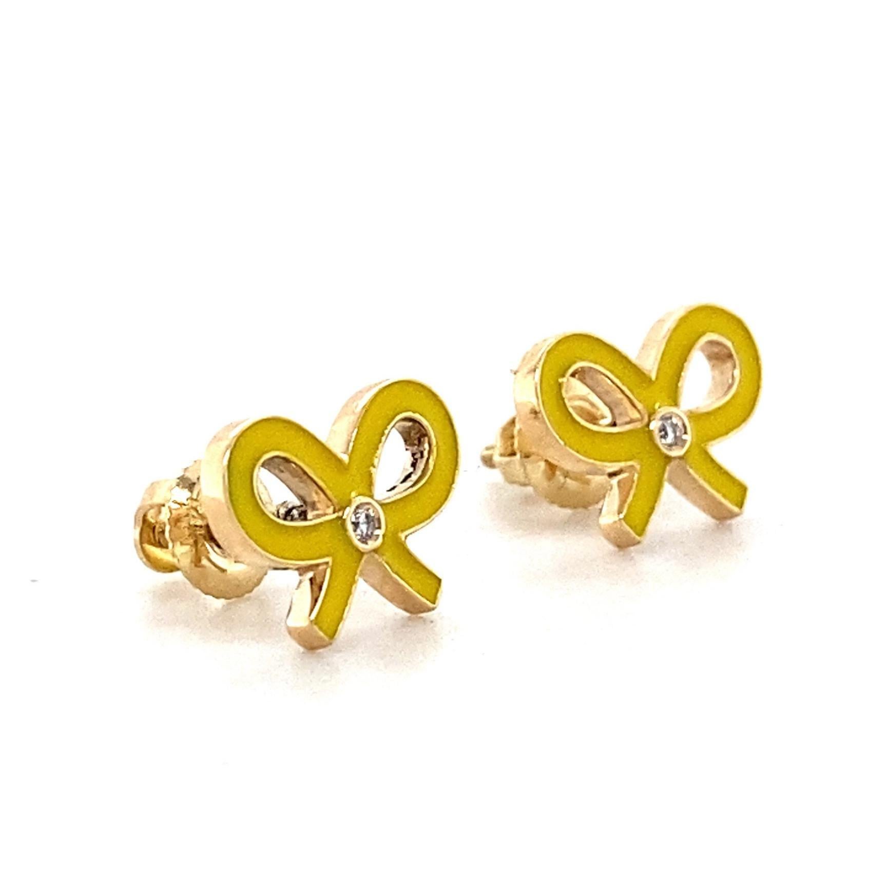 Round Cut Bowknot Diamond Stud Kids Earrings in 14k Solid Gold (Certified) For Sale