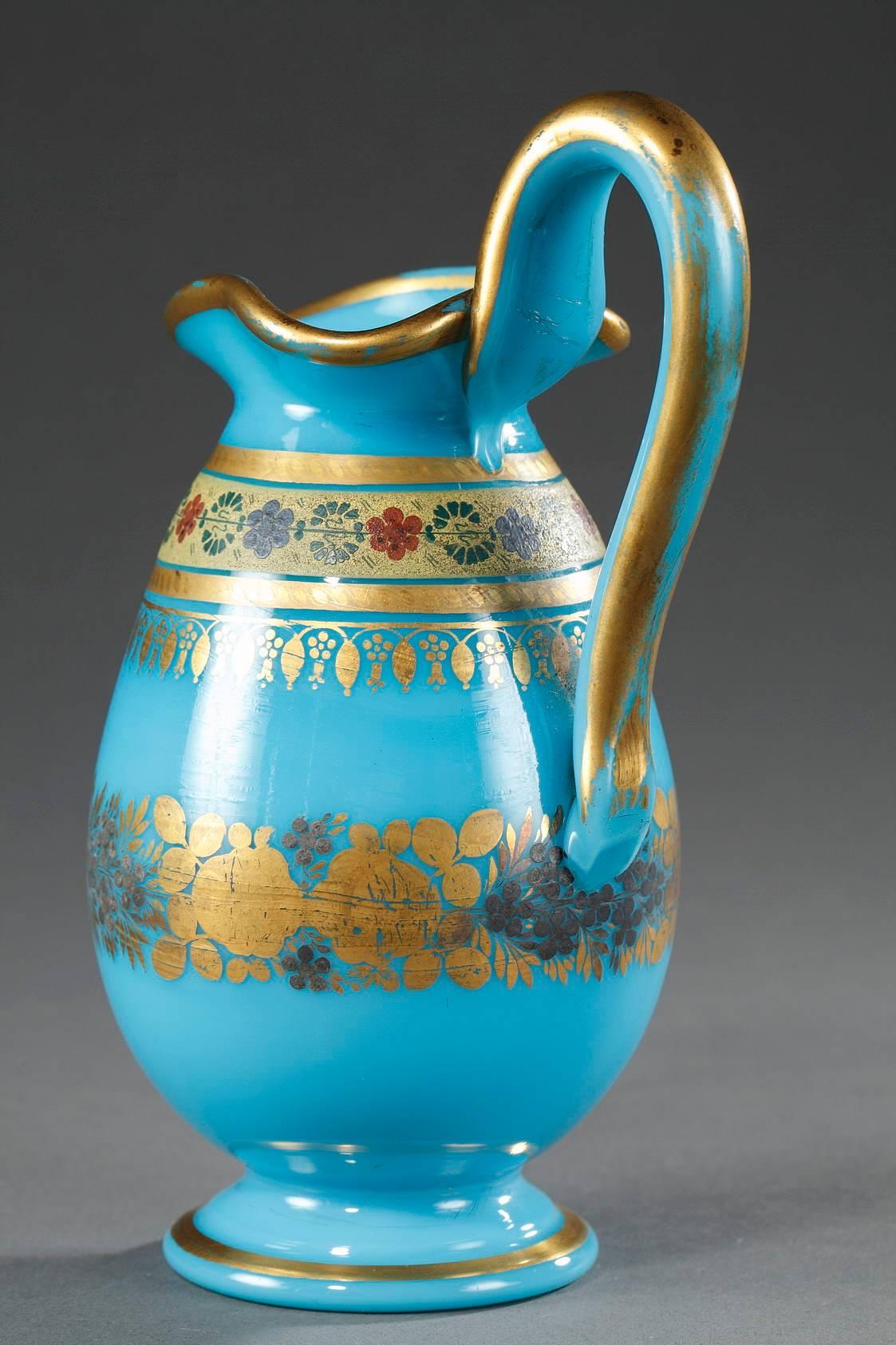 French Bowl and Pitcher in Blue Opaline with Desvignes Decoration