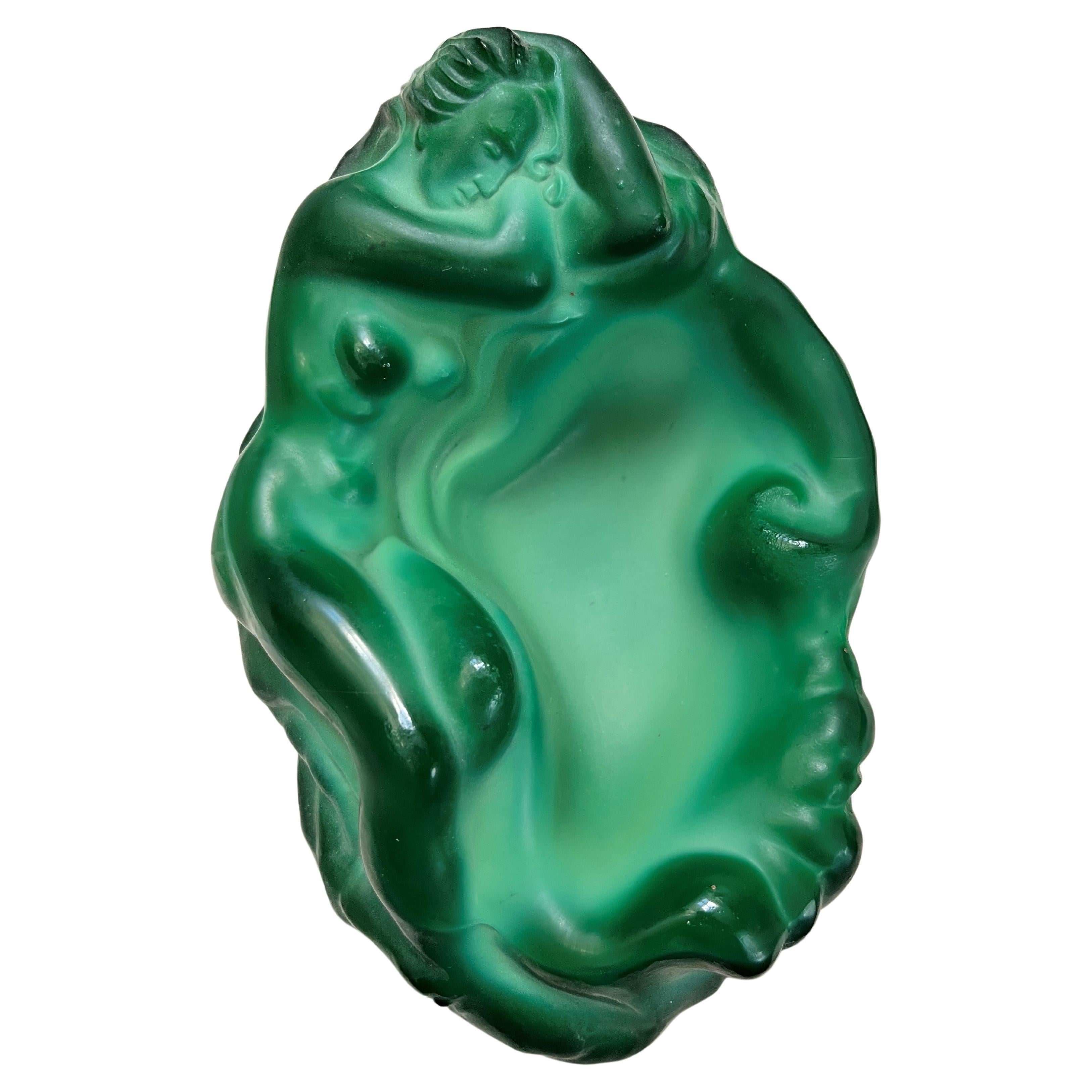 Stunning Bowl, Nude, Malachite Art Glass, Frantisek Halama, 1930 Art Deco  For Sale