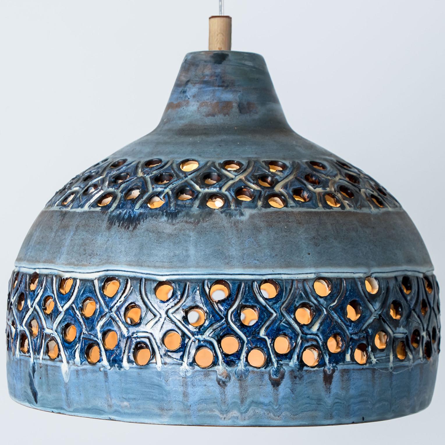 Bowl Blue Ceramic Pendant Light, Denmark, 1970 For Sale 4