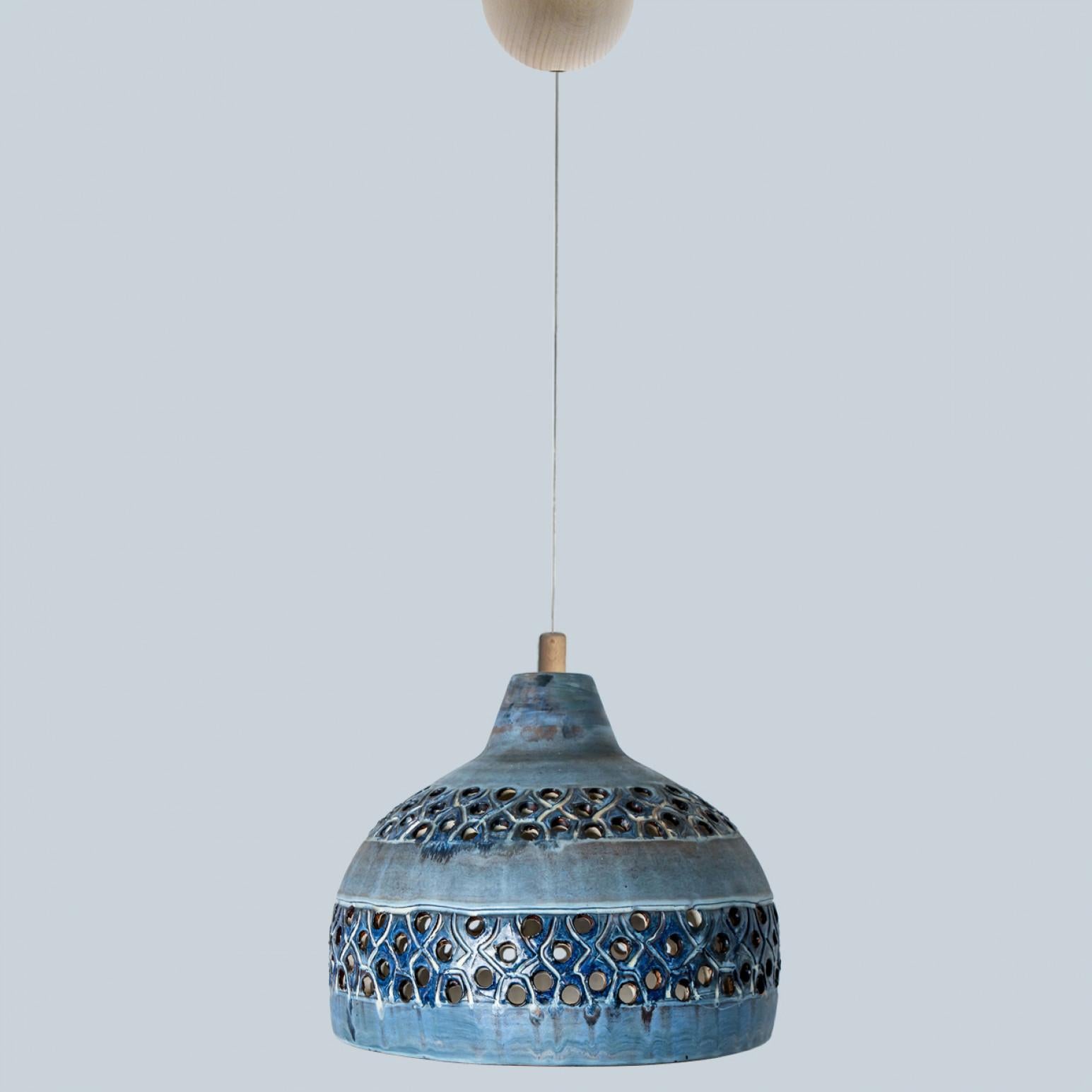Other Bowl Blue Ceramic Pendant Light, Denmark, 1970 For Sale