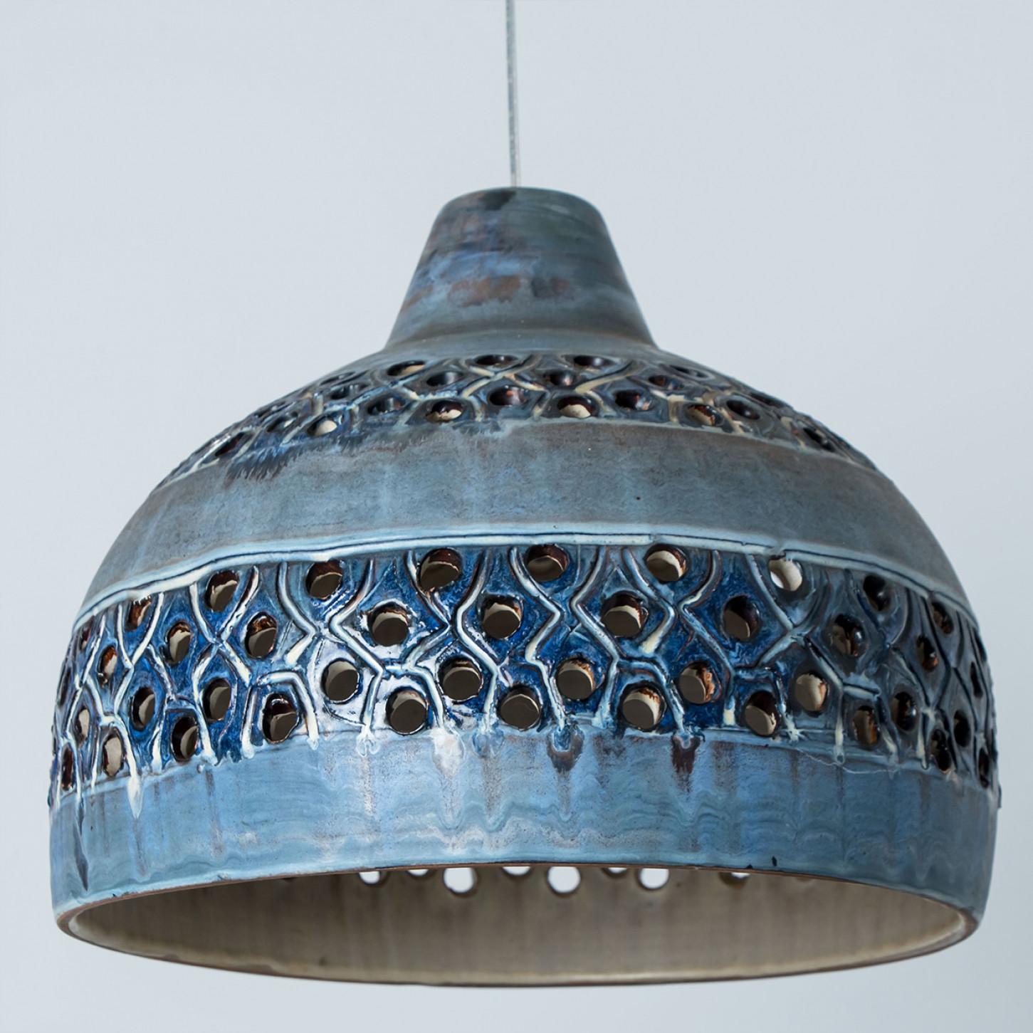 Danish Bowl Blue Ceramic Pendant Light, Denmark, 1970 For Sale