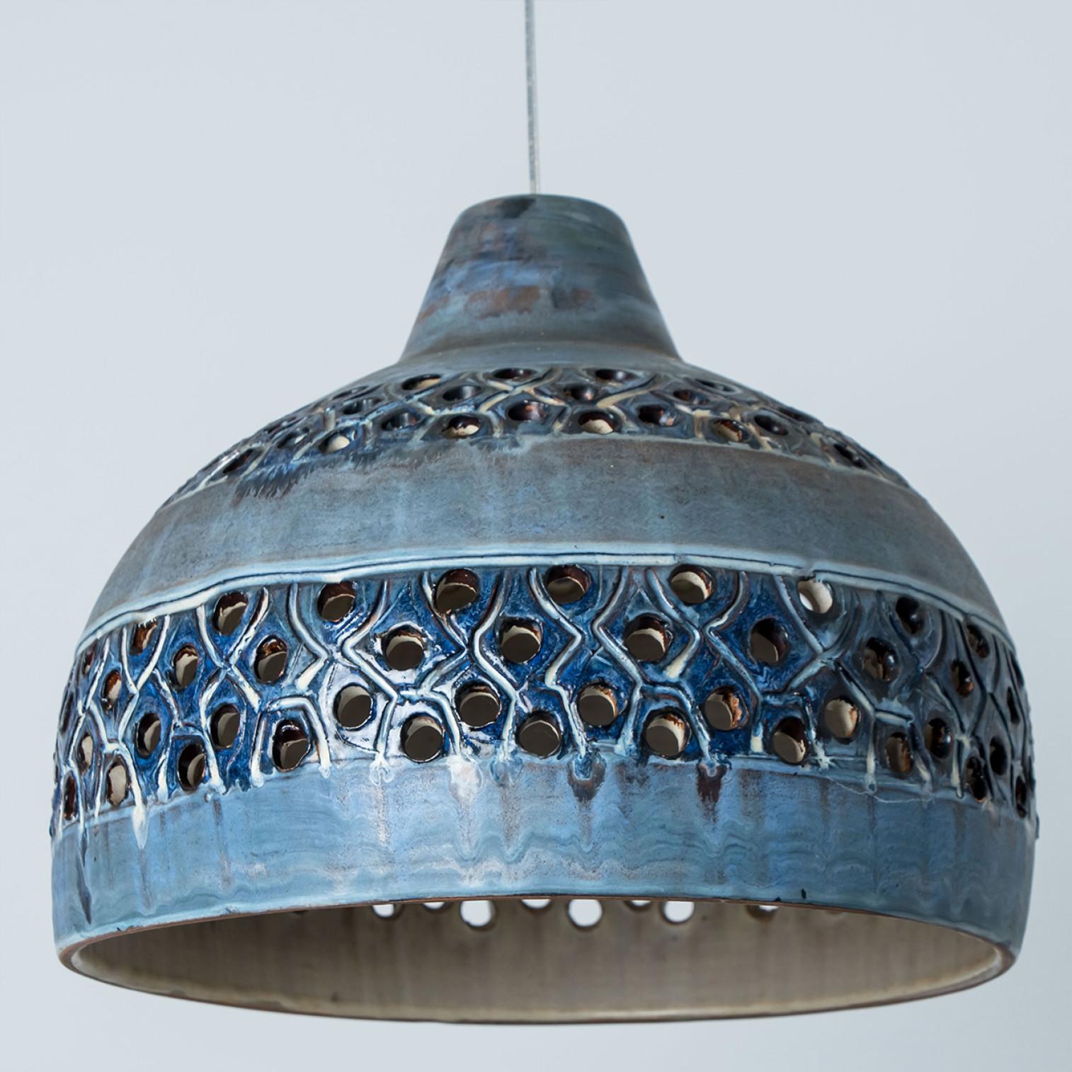 Other Bowl Blue Ceramic Pendant Light, Denmark, 1970 For Sale