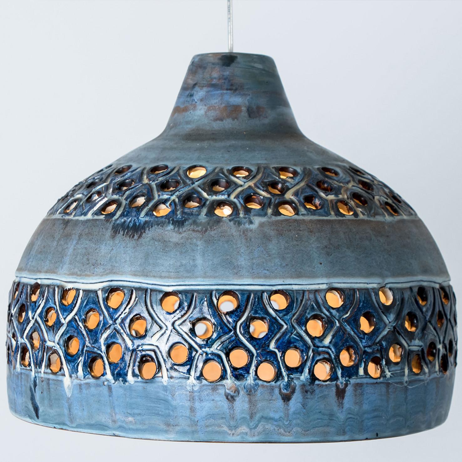 Late 20th Century Bowl Blue Ceramic Pendant Light, Denmark, 1970 For Sale