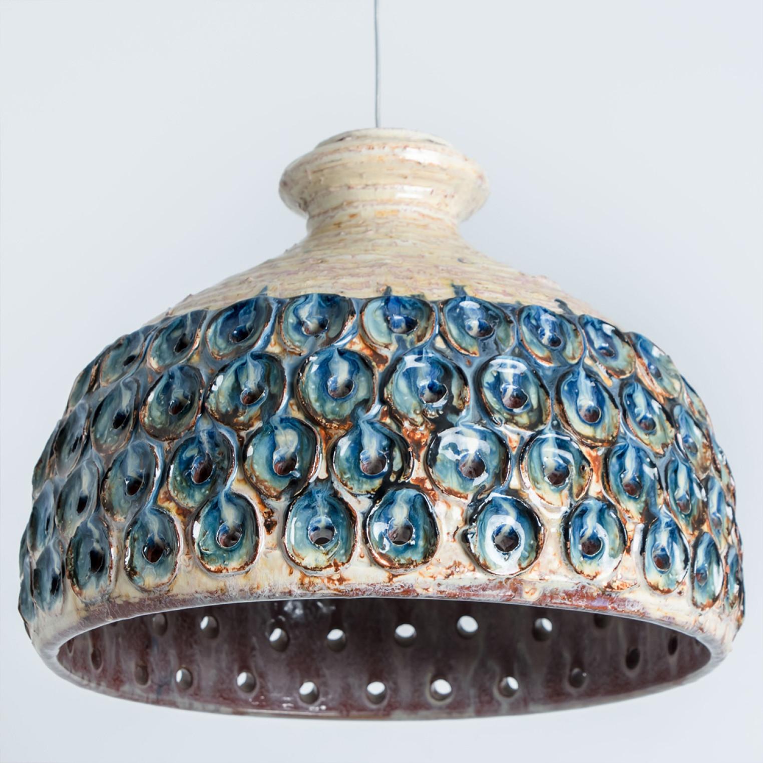 Bowl Blue Creme Ceramic Pendant Light, Denmark, 1970 For Sale 4