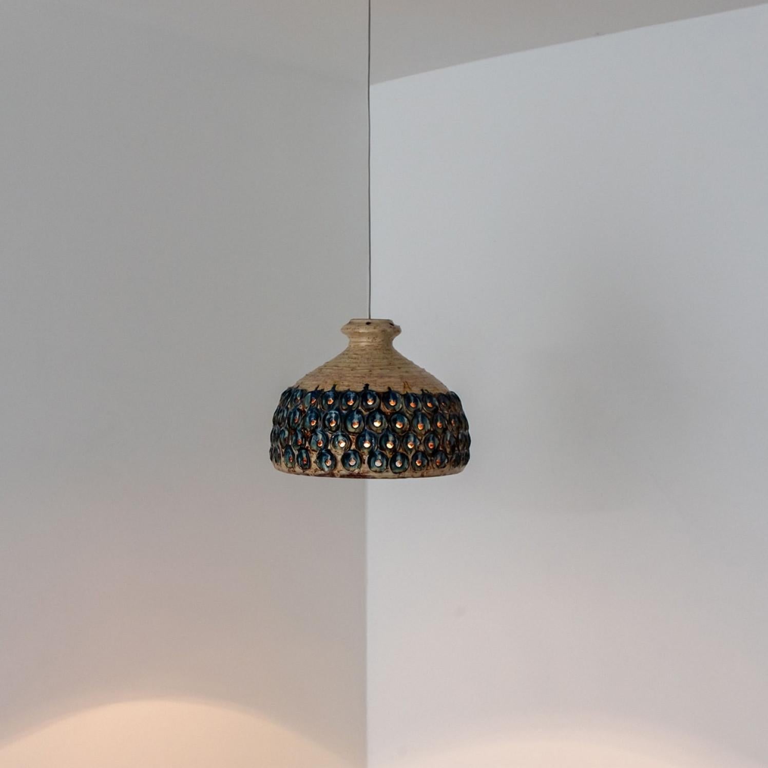 Bowl Blue Creme Ceramic Pendant Light, Denmark, 1970 For Sale 5