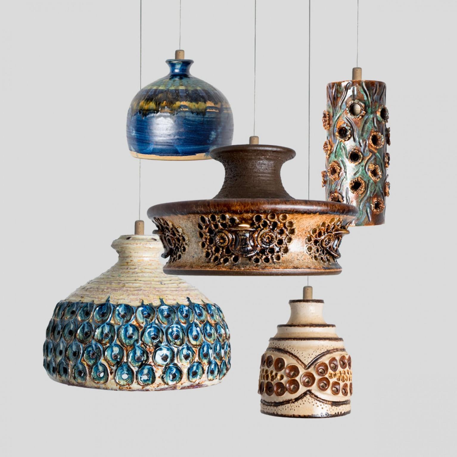 Bowl Blue Creme Ceramic Pendant Light, Denmark, 1970 For Sale 9