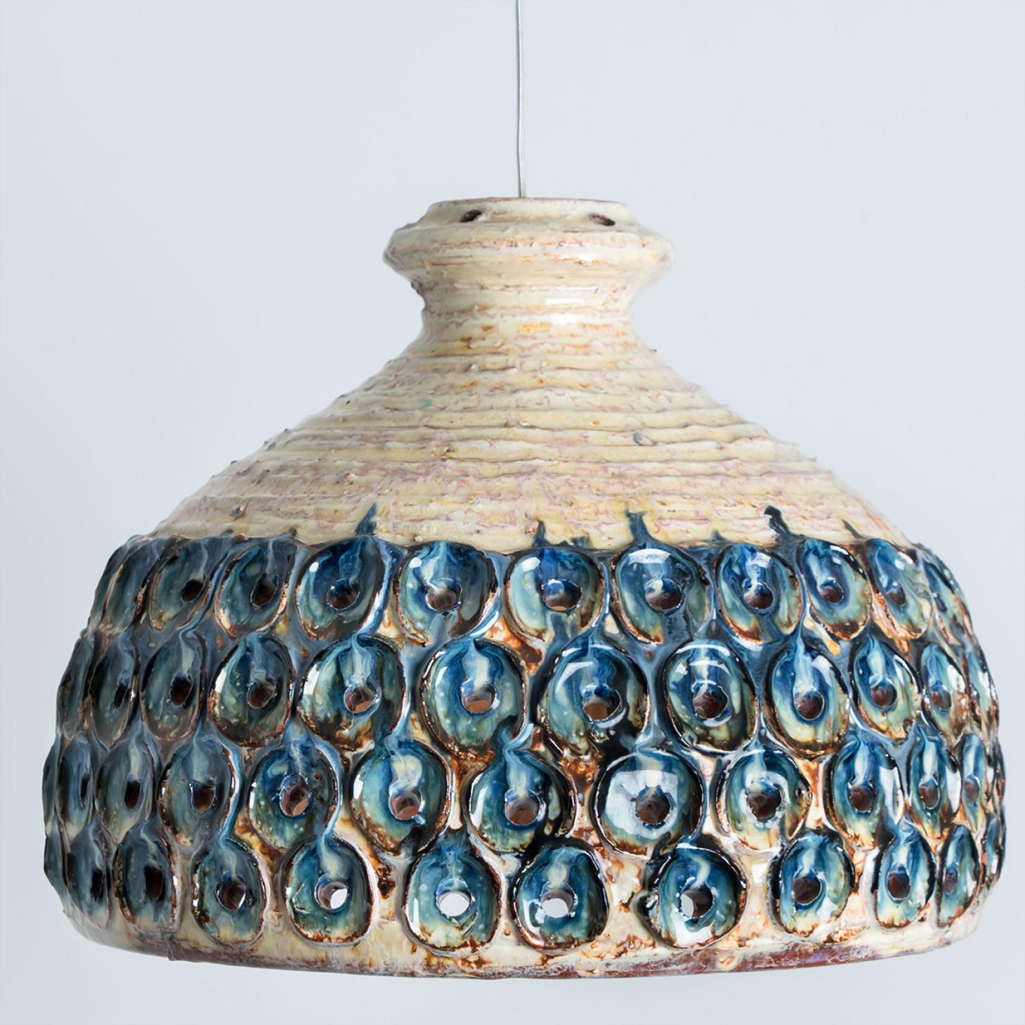 Danish Bowl Blue Creme Ceramic Pendant Light, Denmark, 1970 For Sale