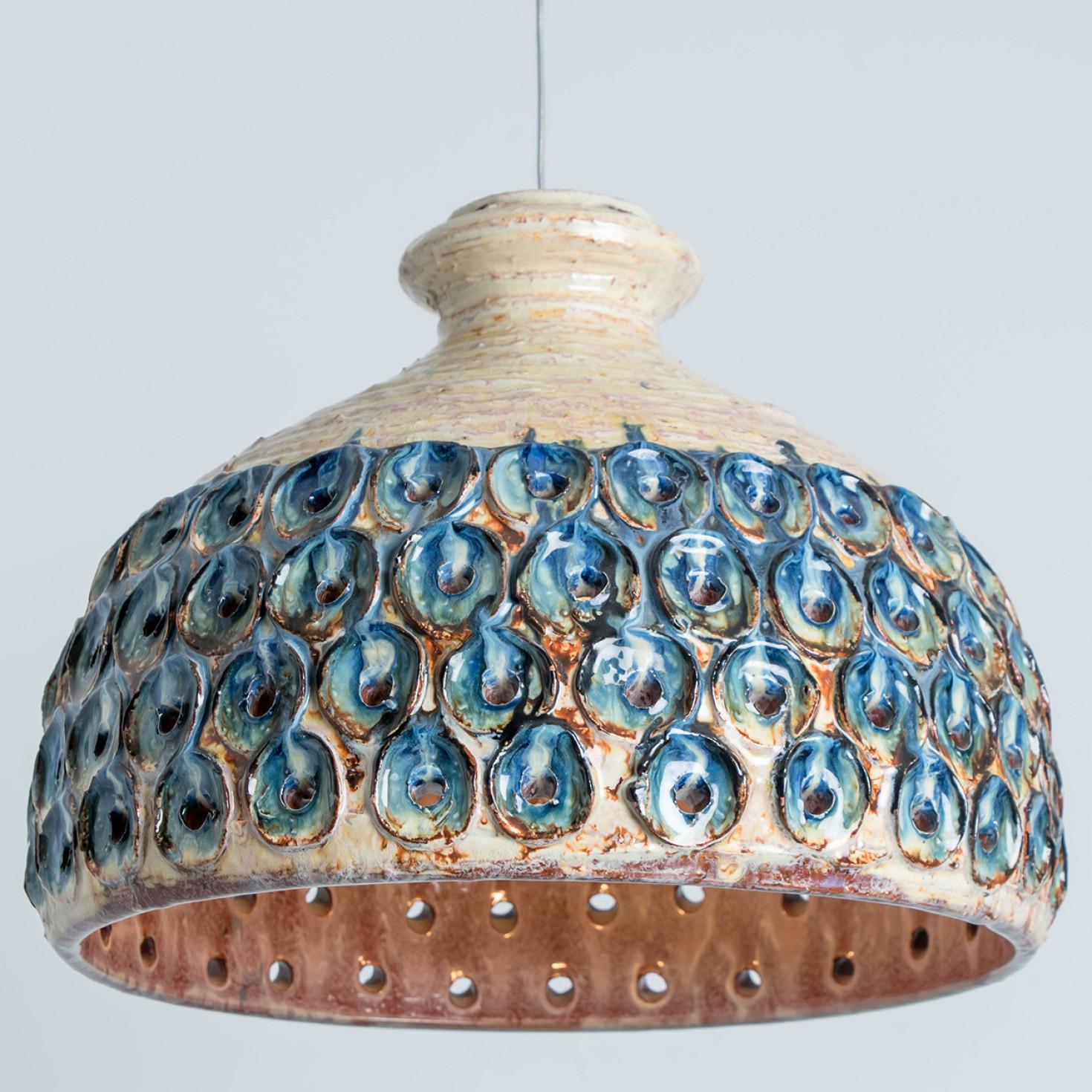 Other Bowl Blue Creme Ceramic Pendant Light, Denmark, 1970 For Sale