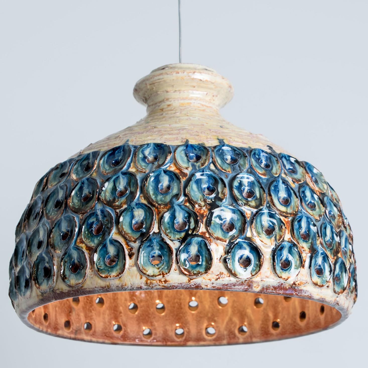 Bowl Blue Creme Ceramic Pendant Light, Denmark, 1970 In Good Condition For Sale In Rijssen, NL