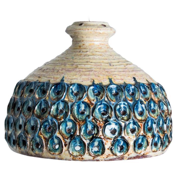 Bowl Blue Creme Ceramic Pendant Light, Denmark, 1970