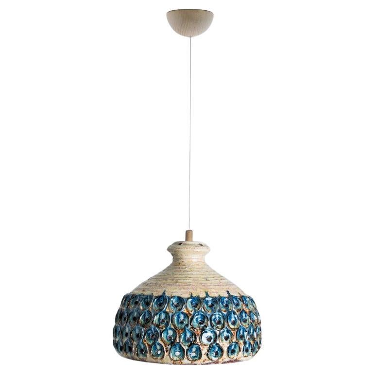 Bowl Blue Creme Ceramic Pendant Light, Denmark, 1970 For Sale