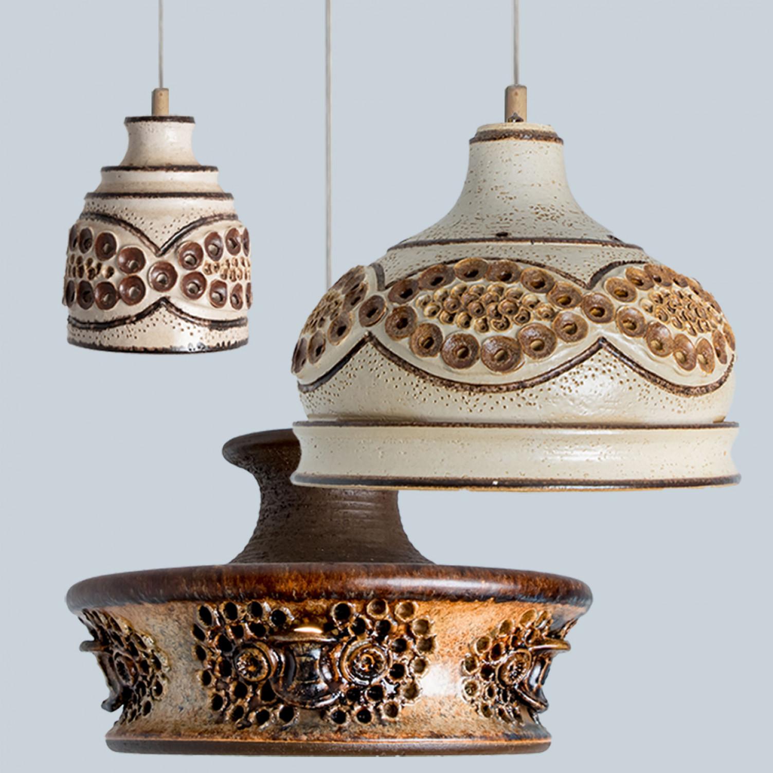 Bowl Brown Beige Ceramic Pendant Light, Denmark, 1970 For Sale 3
