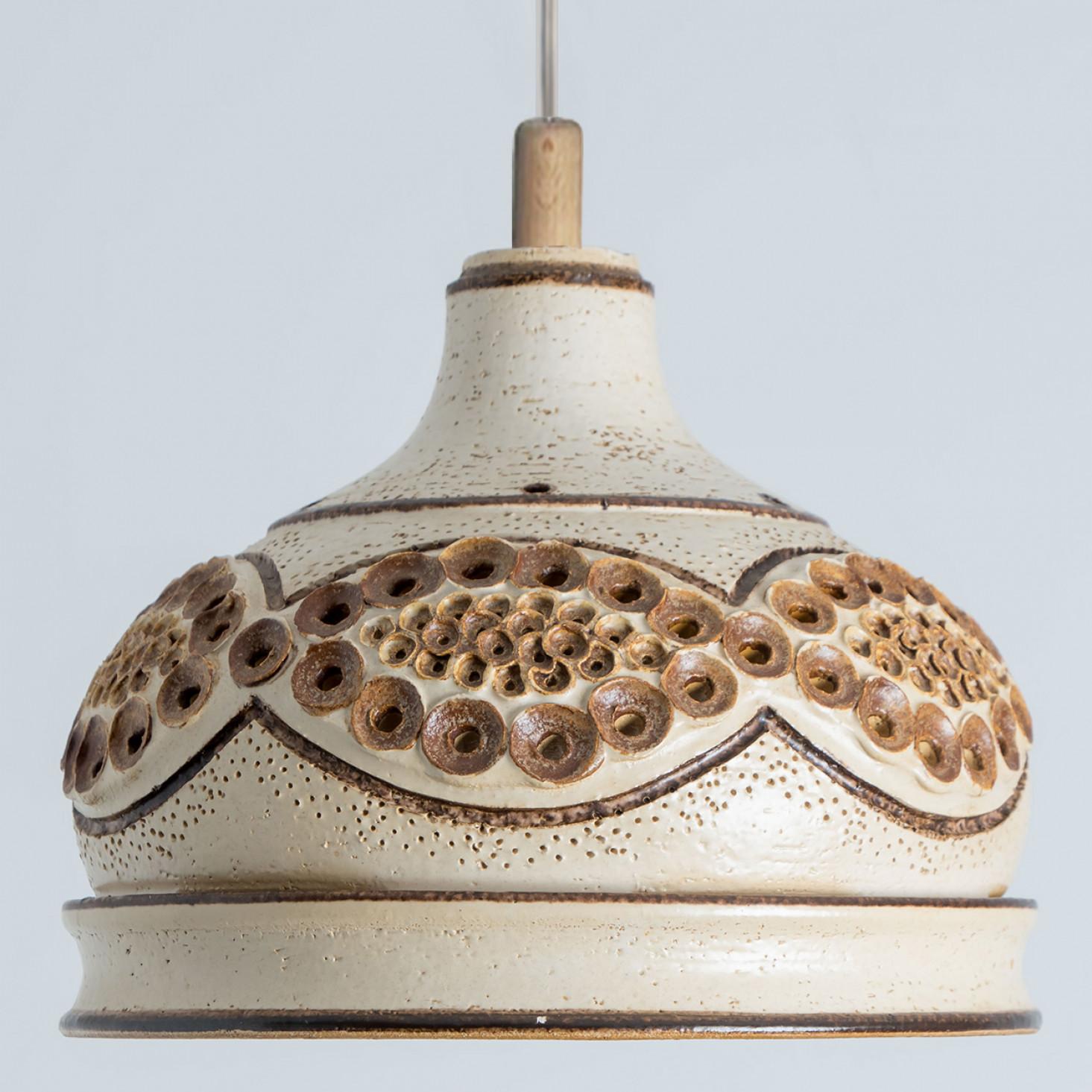 Other Bowl Brown Beige Ceramic Pendant Light, Denmark, 1970 For Sale
