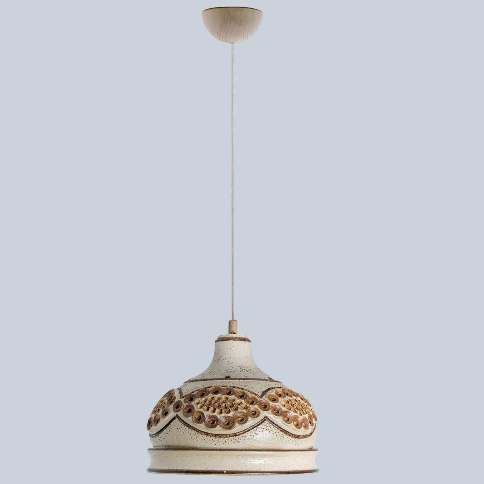 Bowl Brown Beige Ceramic Pendant Light, Denmark, 1970 In Good Condition For Sale In Rijssen, NL
