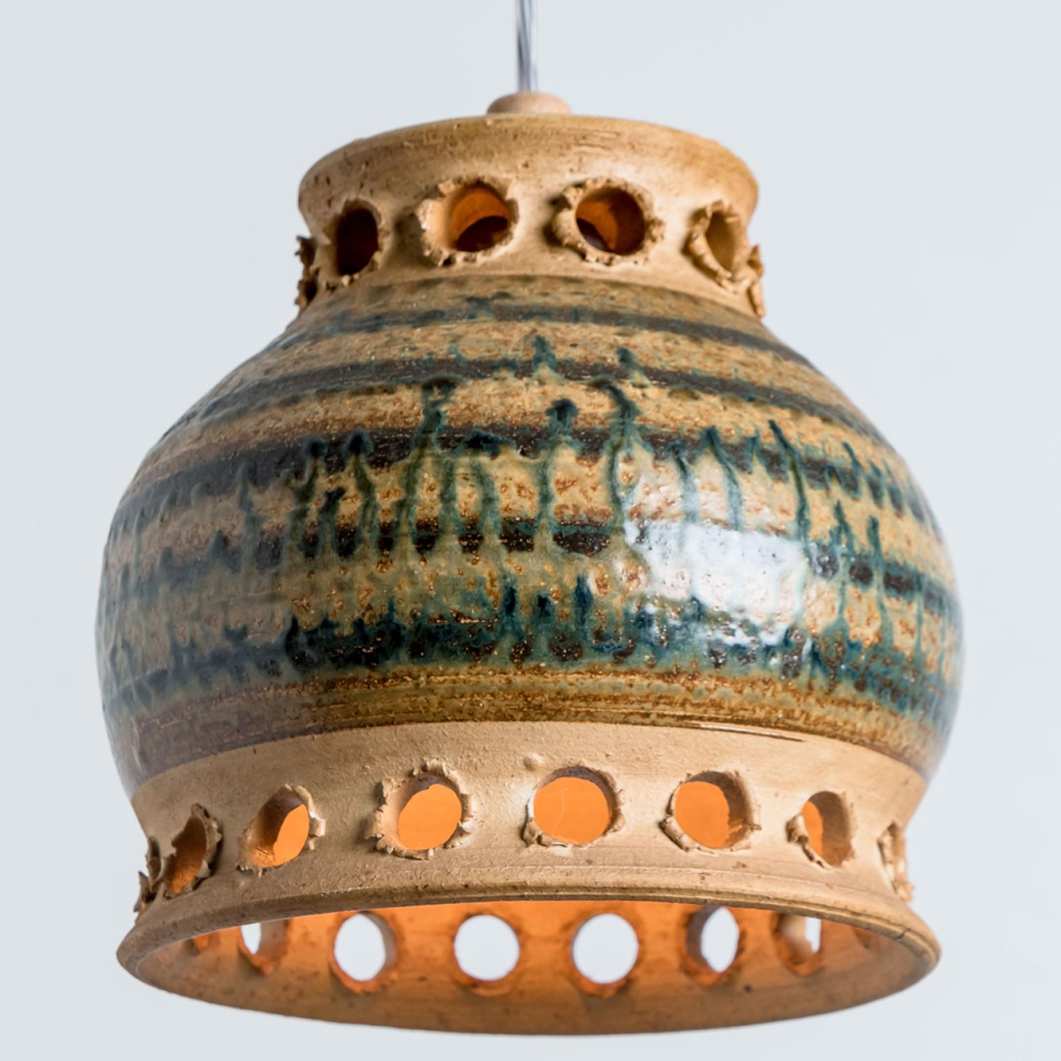 Danish Bowl Brown Green Ceramic Pendant Light, Denmark, 1970 For Sale
