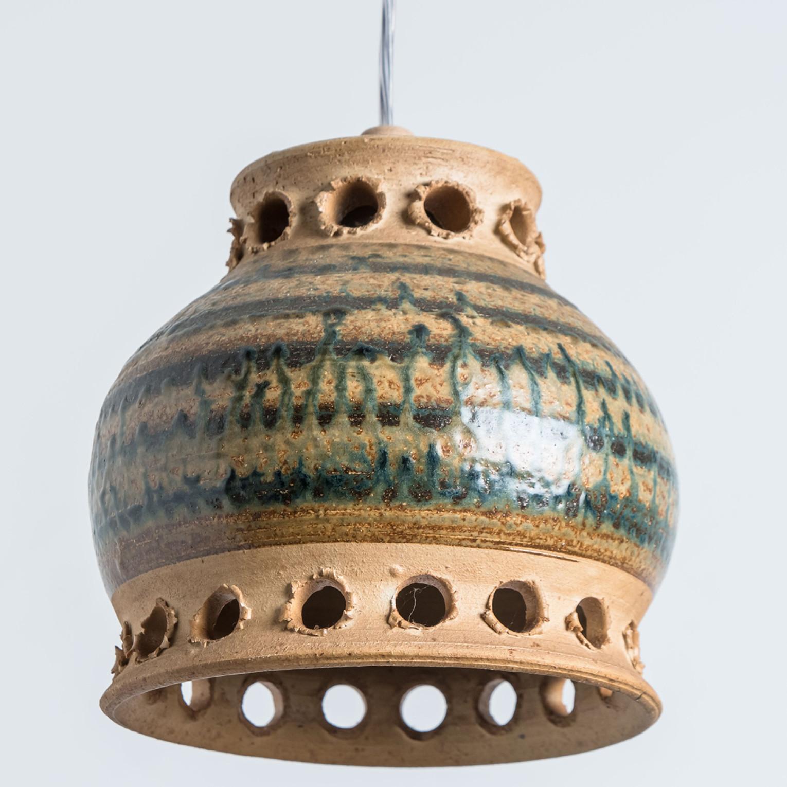 Other Bowl Brown Green Ceramic Pendant Light, Denmark, 1970 For Sale