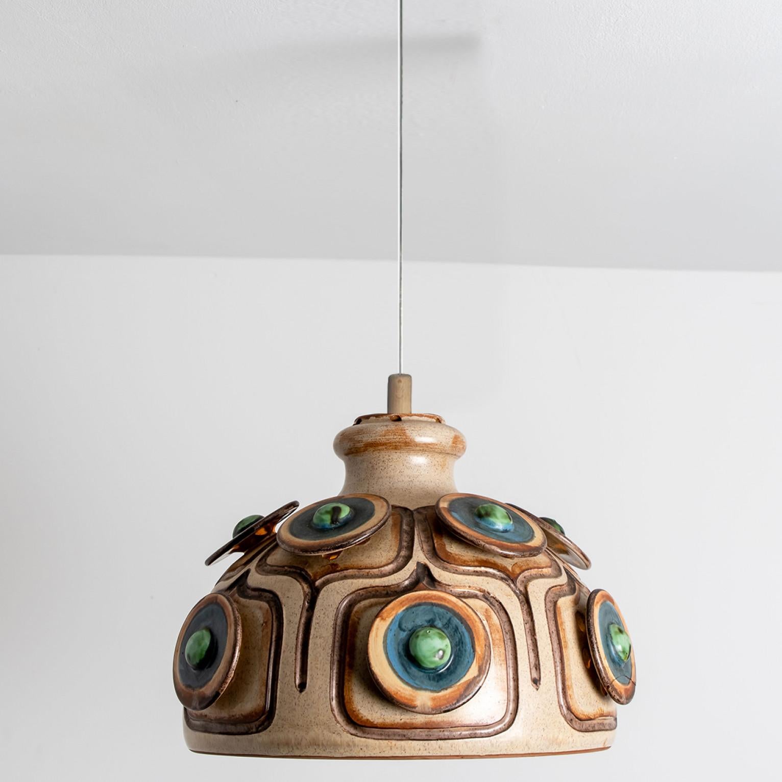 Bowl Brown Turquoise Ceramic Pendant Light, Denmark, 1970 For Sale 4