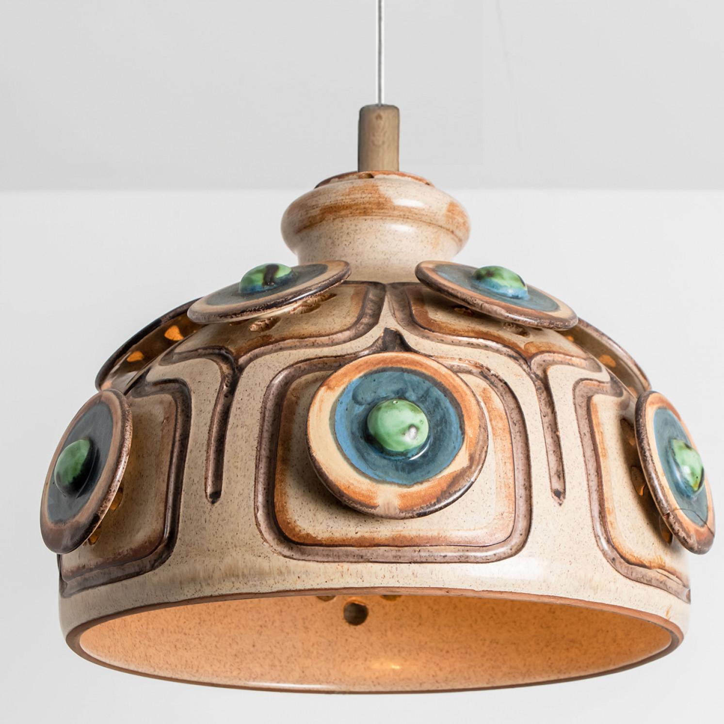 Bowl Brown Turquoise Ceramic Pendant Light, Denmark, 1970 For Sale 5