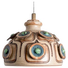 Retro Bowl Brown Turquoise Ceramic Pendant Light, Denmark, 1970