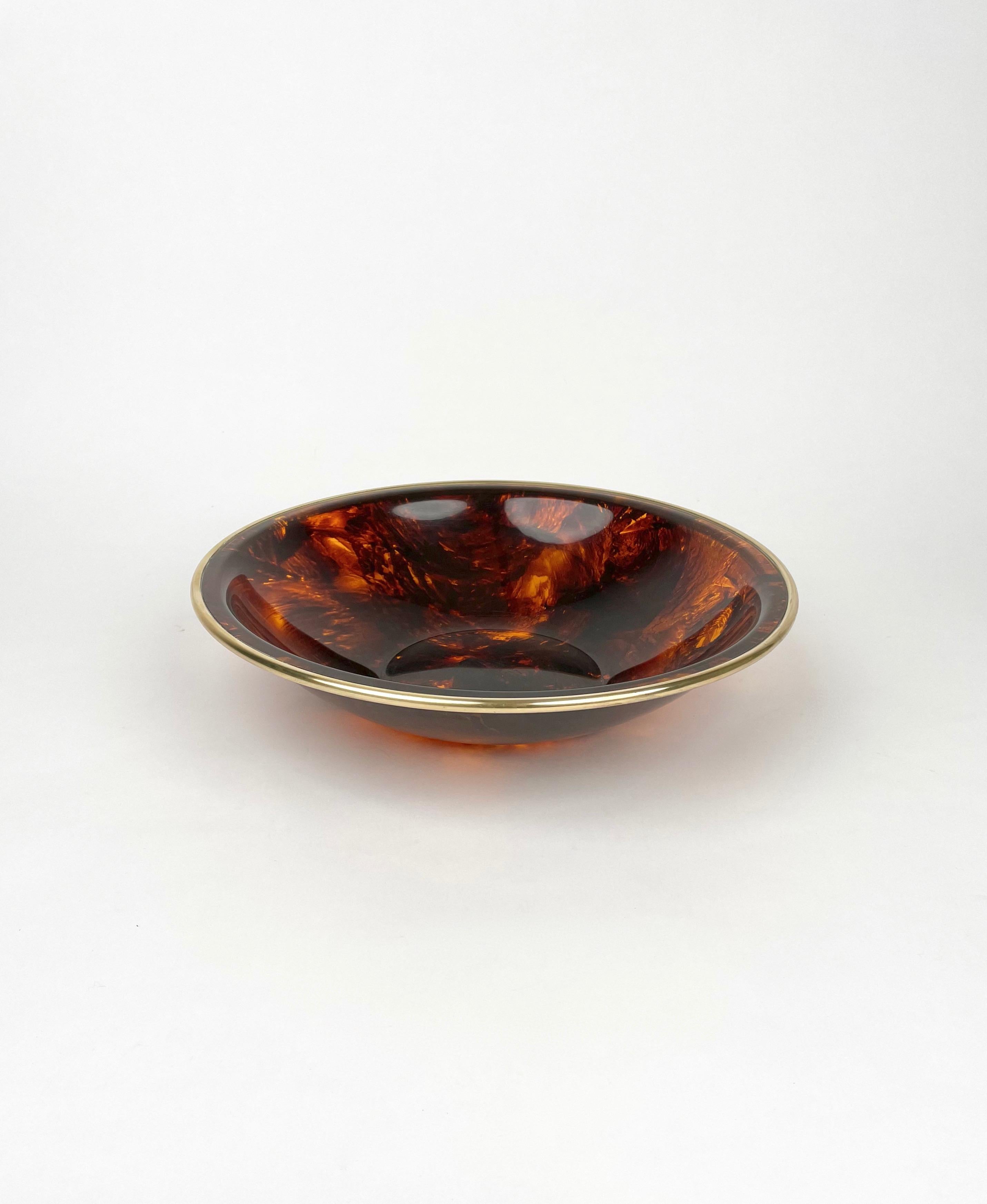 Italian Bowl Centerpiece Lucite Tortoise Shell & Brass Christian Dior Style, Italy 1970s