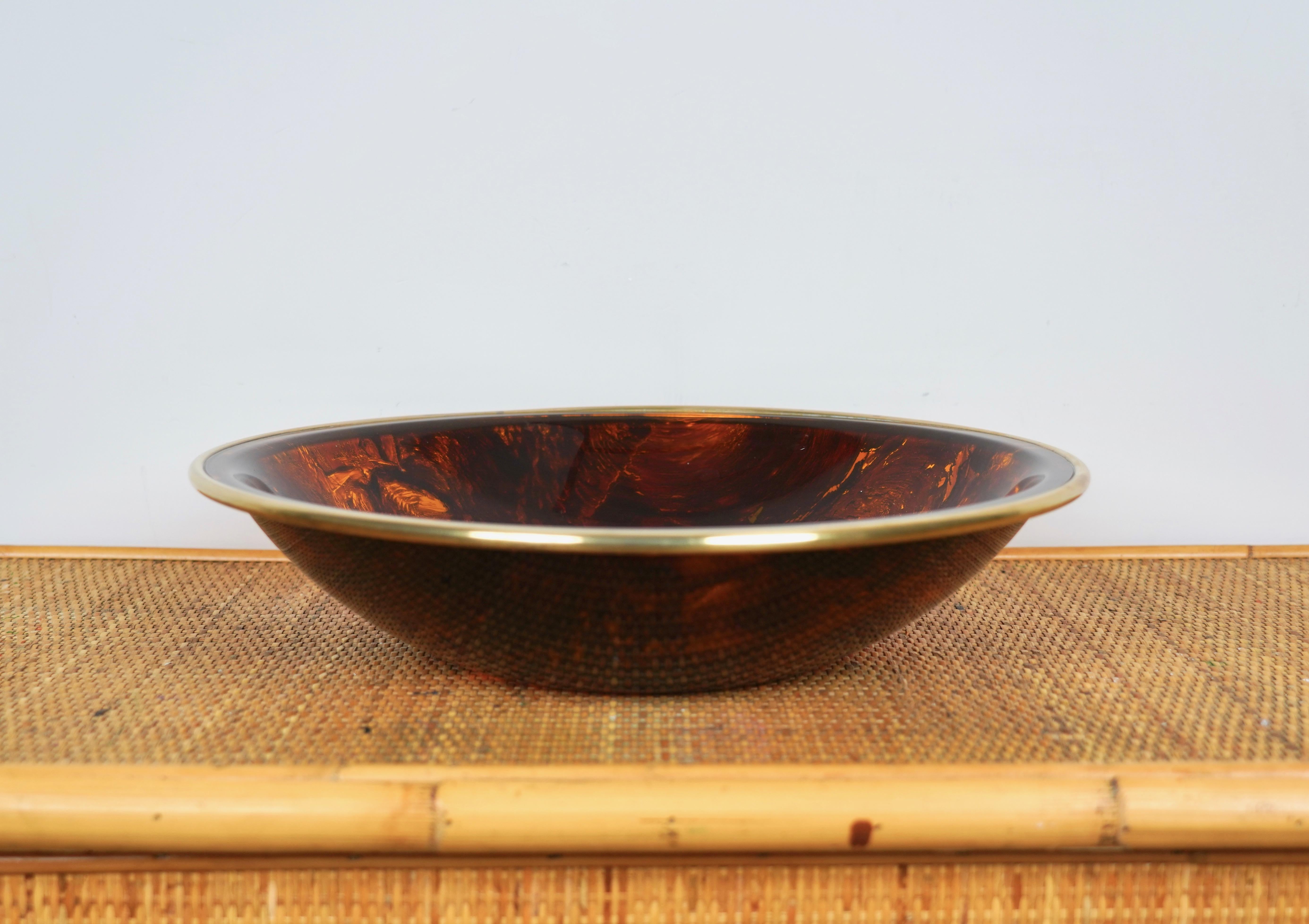 Metal Bowl Centerpiece Lucite Tortoise Shell & Brass Christian Dior Style, Italy 1970s