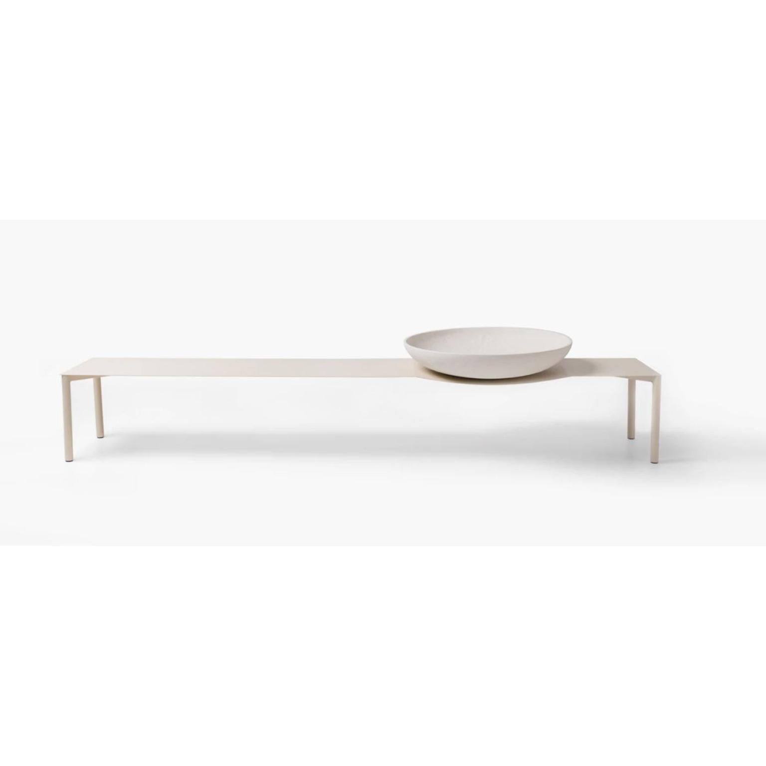 Bowl Coffee Table by Wentz
Dimensions: D 45 x W 165 x H 30 cm
Materials: Steel, Ceramic, Stainless Steel.
Coffee table with steel structure and top with textured electrostatic painting. Ceramic “Bowl” fixed to the top with a machined stainless steel