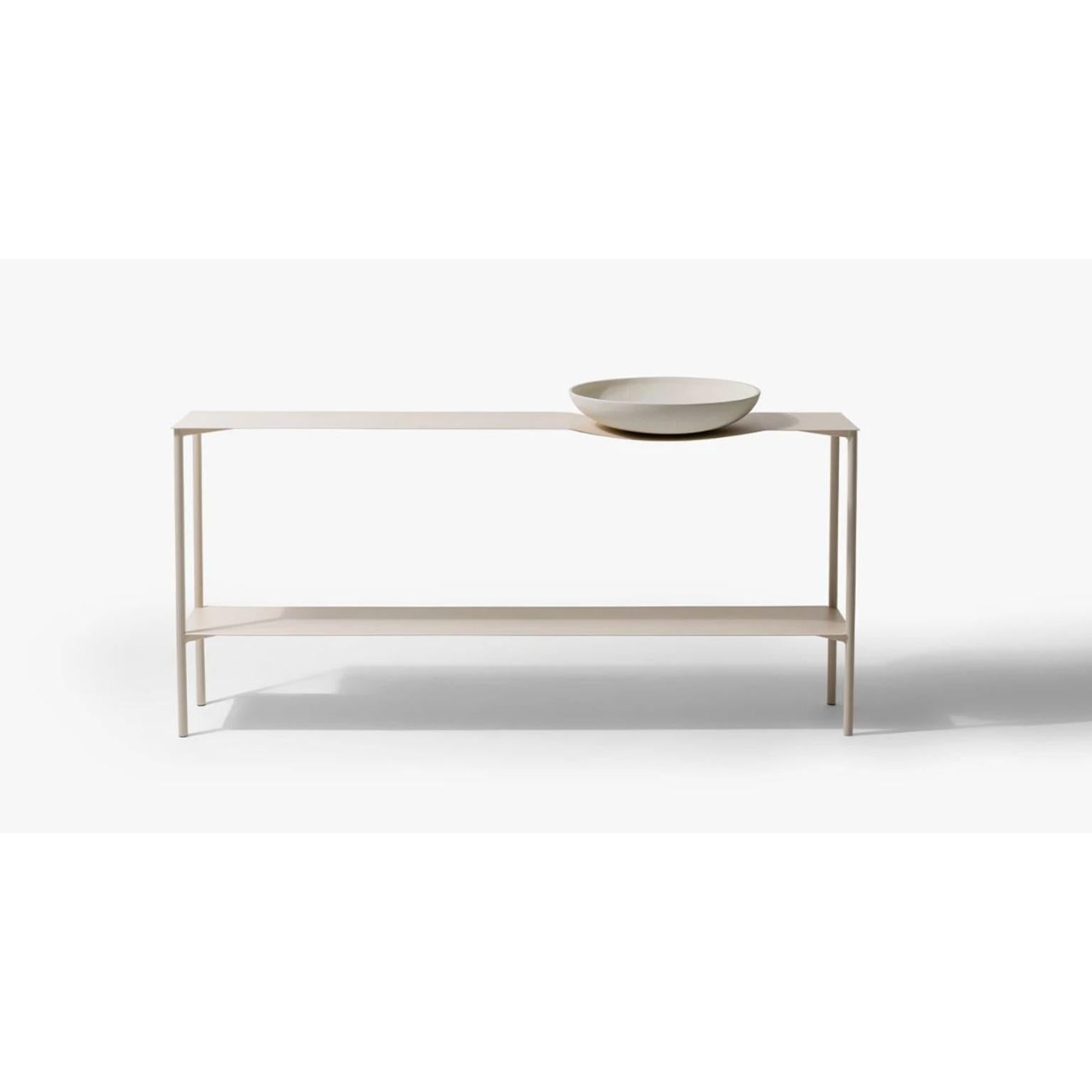 Bowl Console Table by Wentz
Dimensions: D 45 x W 165 x H 80 cm
Materials: Steel, Ceramic, Stainless Steel.
Coffee table with steel structure and top with textured electrostatic painting. Ceramic “Bowl” fixed to the top with a machined stainless