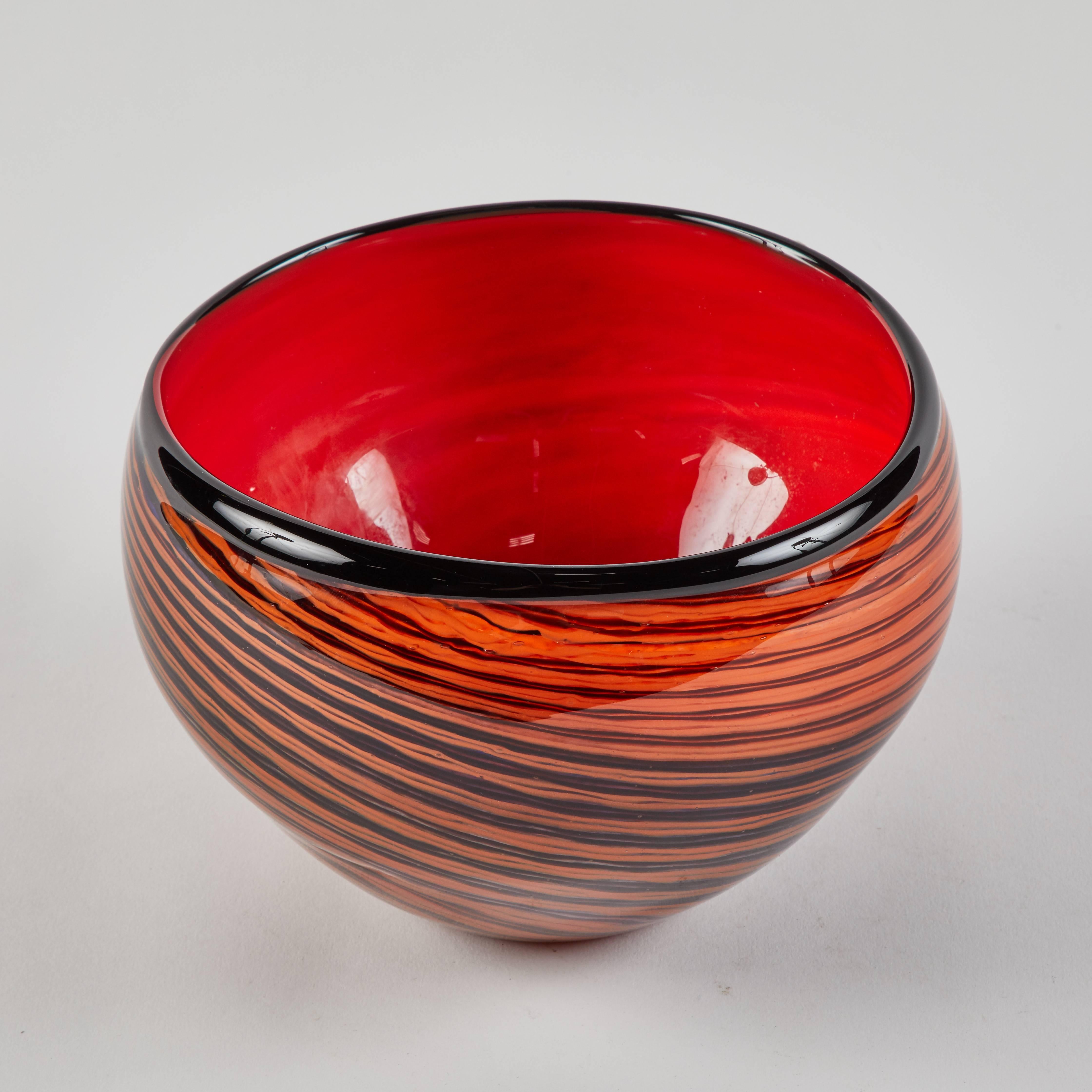 1950s mid-century English red studio glass bowl with black hand painted stripes.