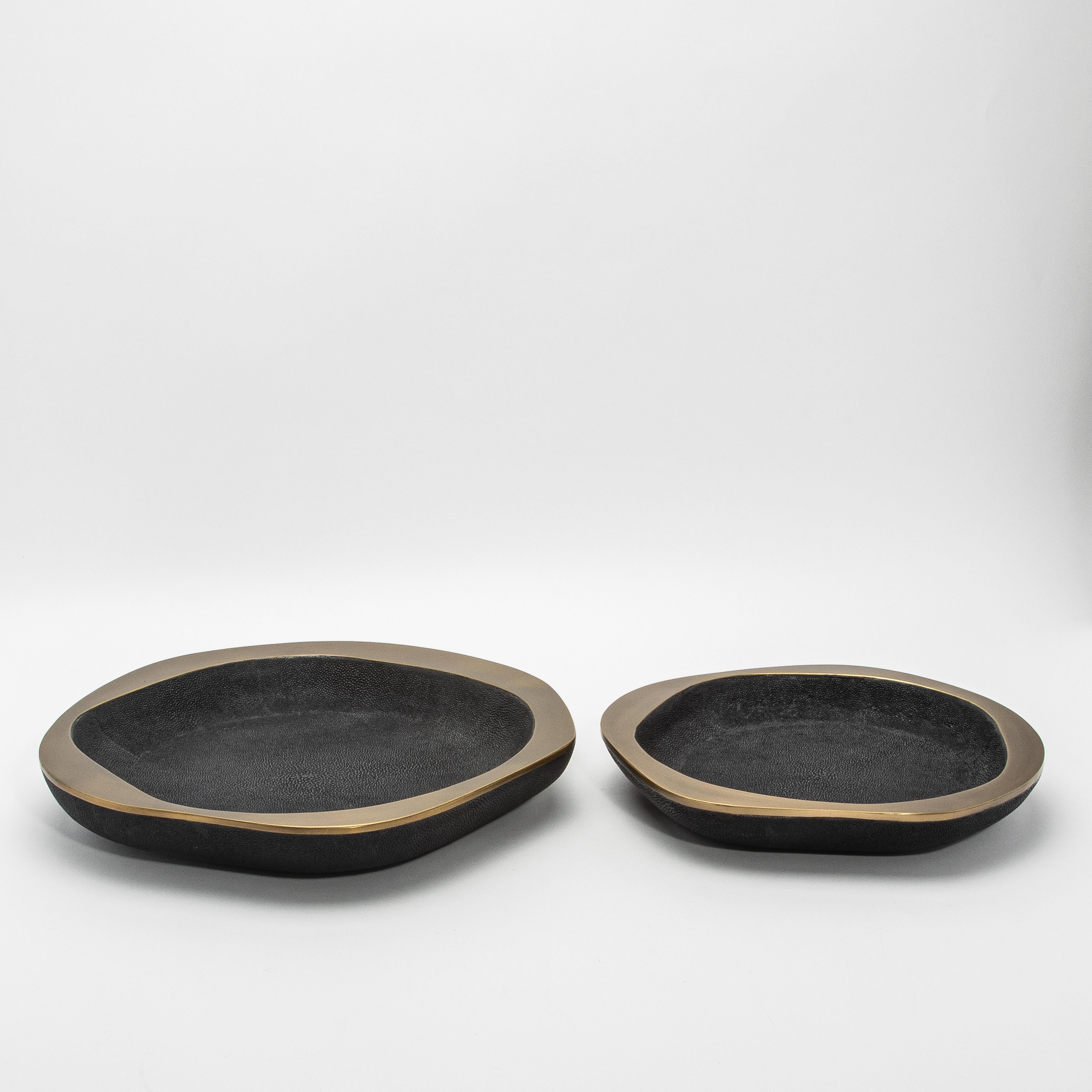 Shagreen Stingray Bowl in Black Shagreen with Bronze Patina Brass Details by R&Y Augousti For Sale
