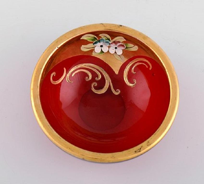 Unknown Bowl in Red Mouth-Blown Art Glass with Hand-Painted Flowers and Gold Decoration For Sale