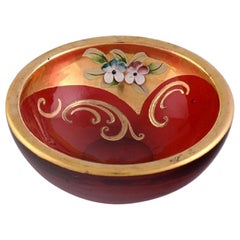 Bowl in Red Mouth-Blown Art Glass with Hand-Painted Flowers and Gold Decoration