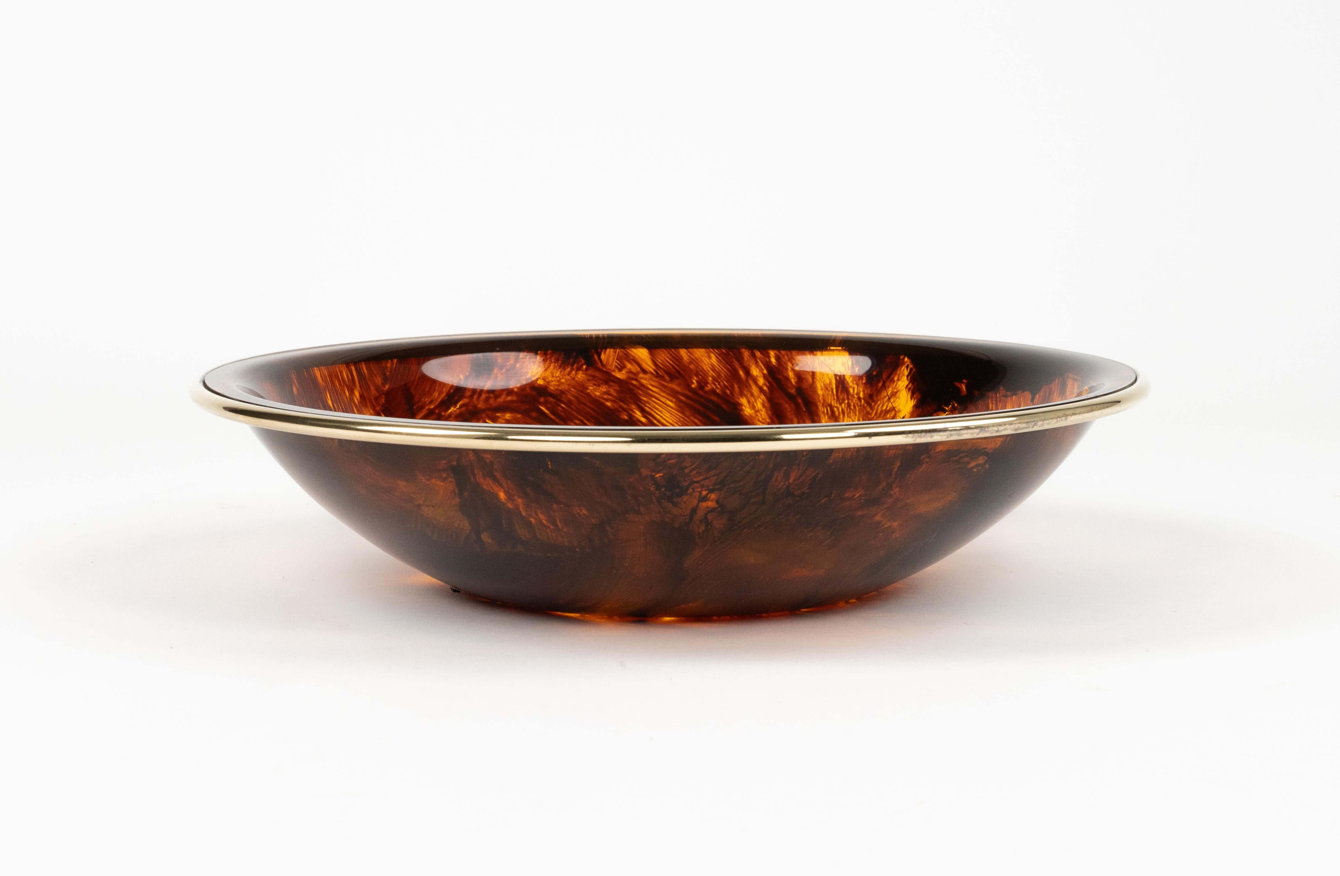 Italian Bowl in Tortoiseshell Lucite Effect and Brass Christian Dior Style, Italy 1970s For Sale