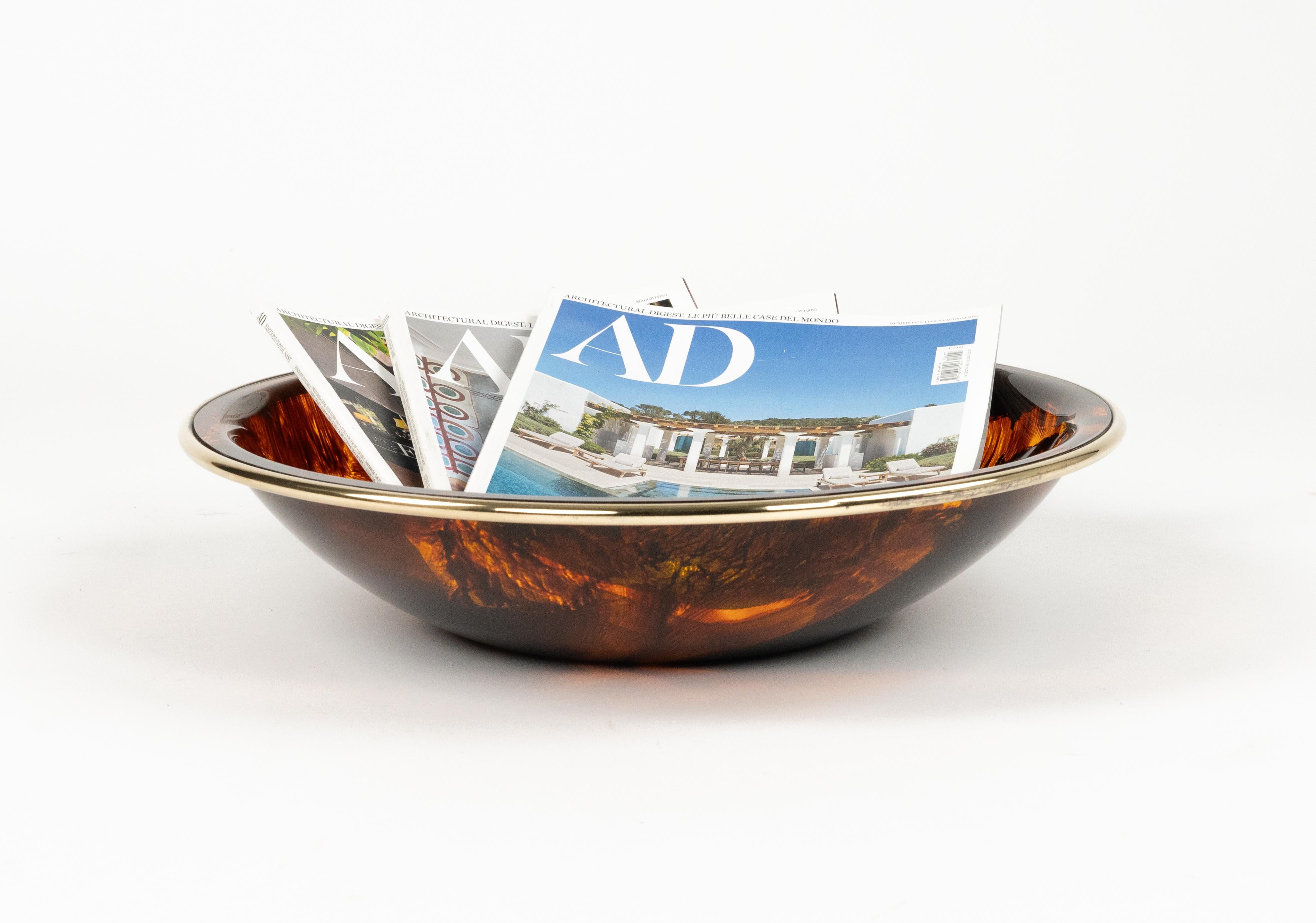 Metal Bowl in Tortoiseshell Lucite Effect and Brass Christian Dior Style, Italy 1970s For Sale