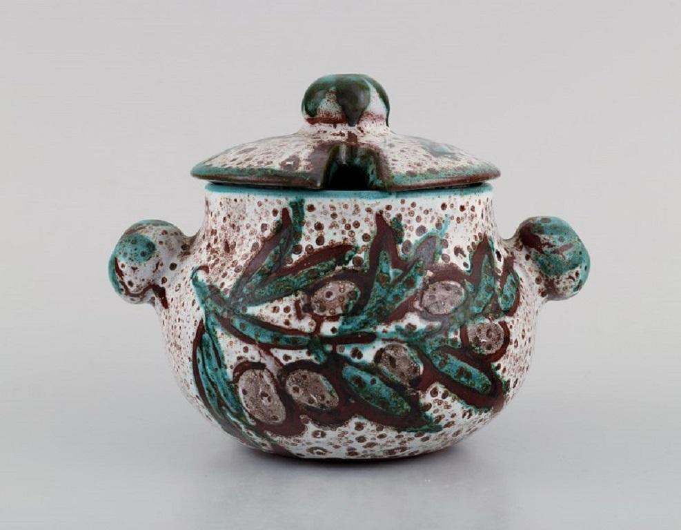 Belgian Bowl, Lidded Jar and Three Crème Brûlée Bowls with Handles in Glazed Stoneware For Sale