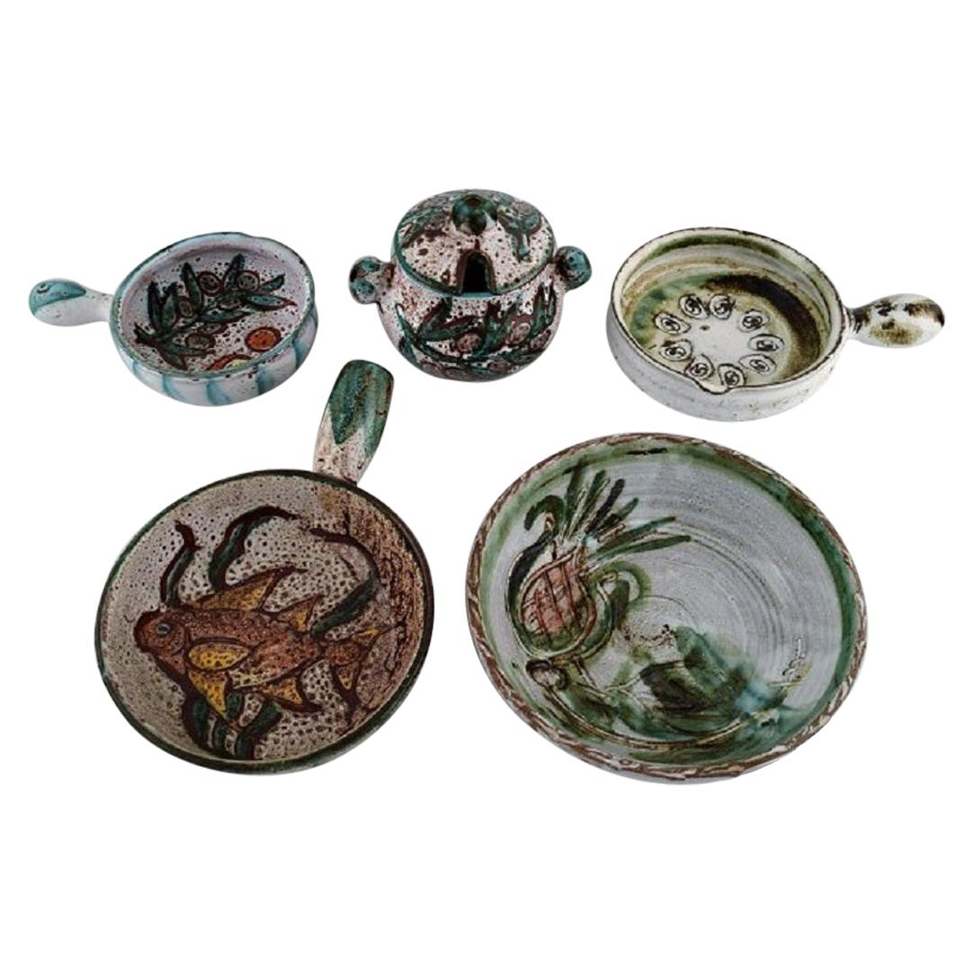 Bowl, Lidded Jar and Three Crème Brûlée Bowls with Handles in Glazed Stoneware