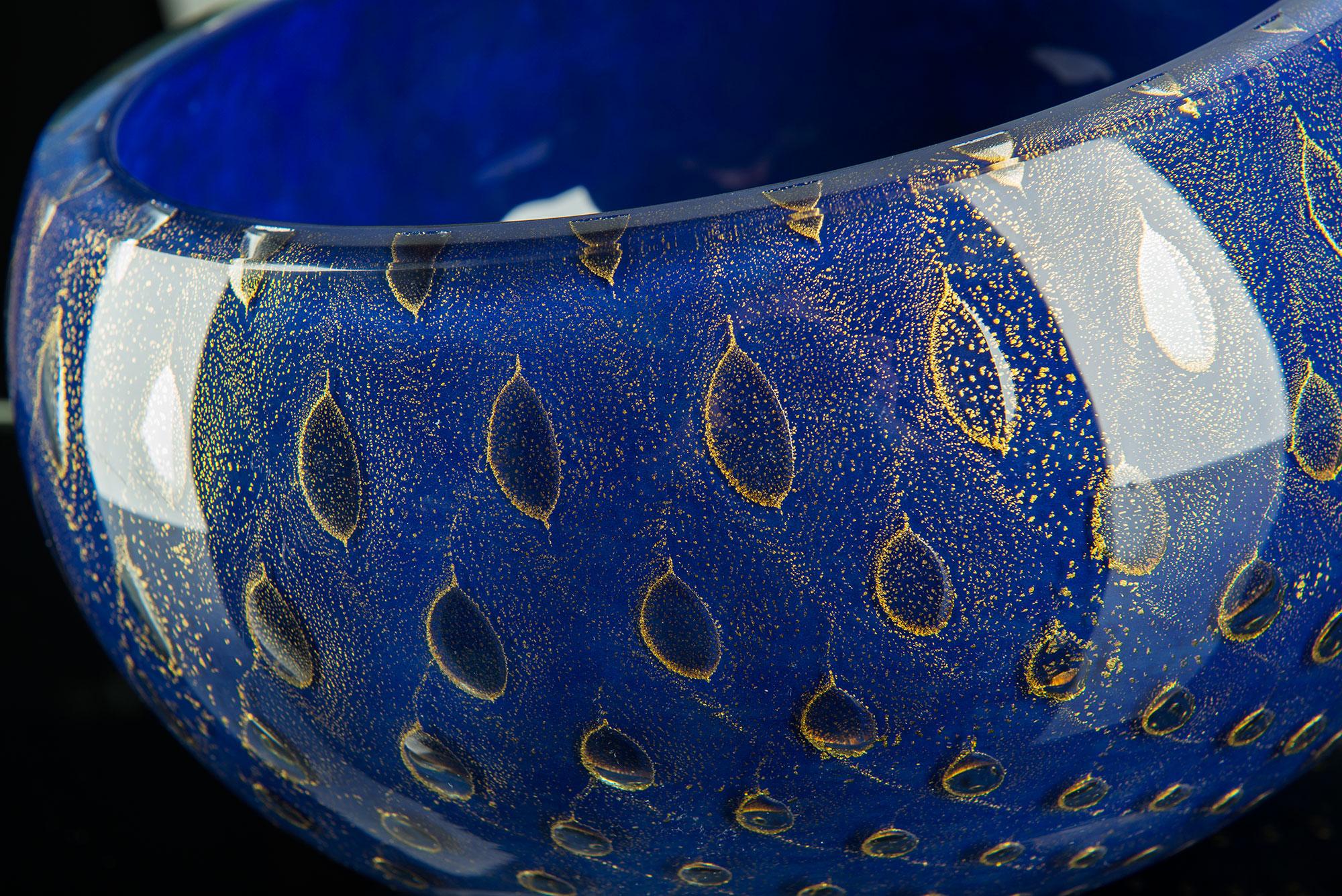 Italian Bowl Mocenigo, Muranese Glass, Gold 24-Karat and Blue, Italy For Sale