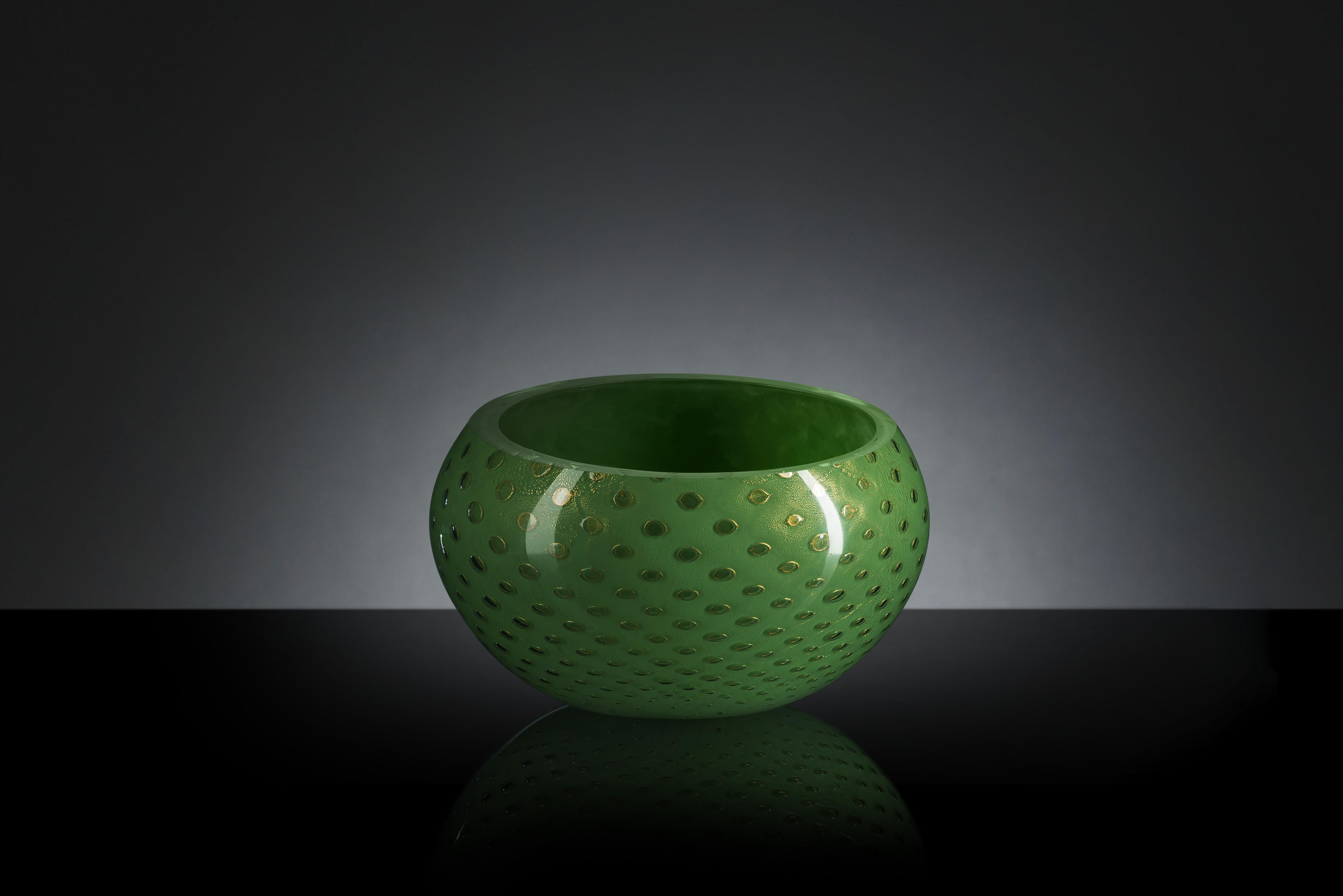 Modern Bowl Mocenigo, Muranese Glass, Gold 24-Karat and Dark Green, Italy For Sale