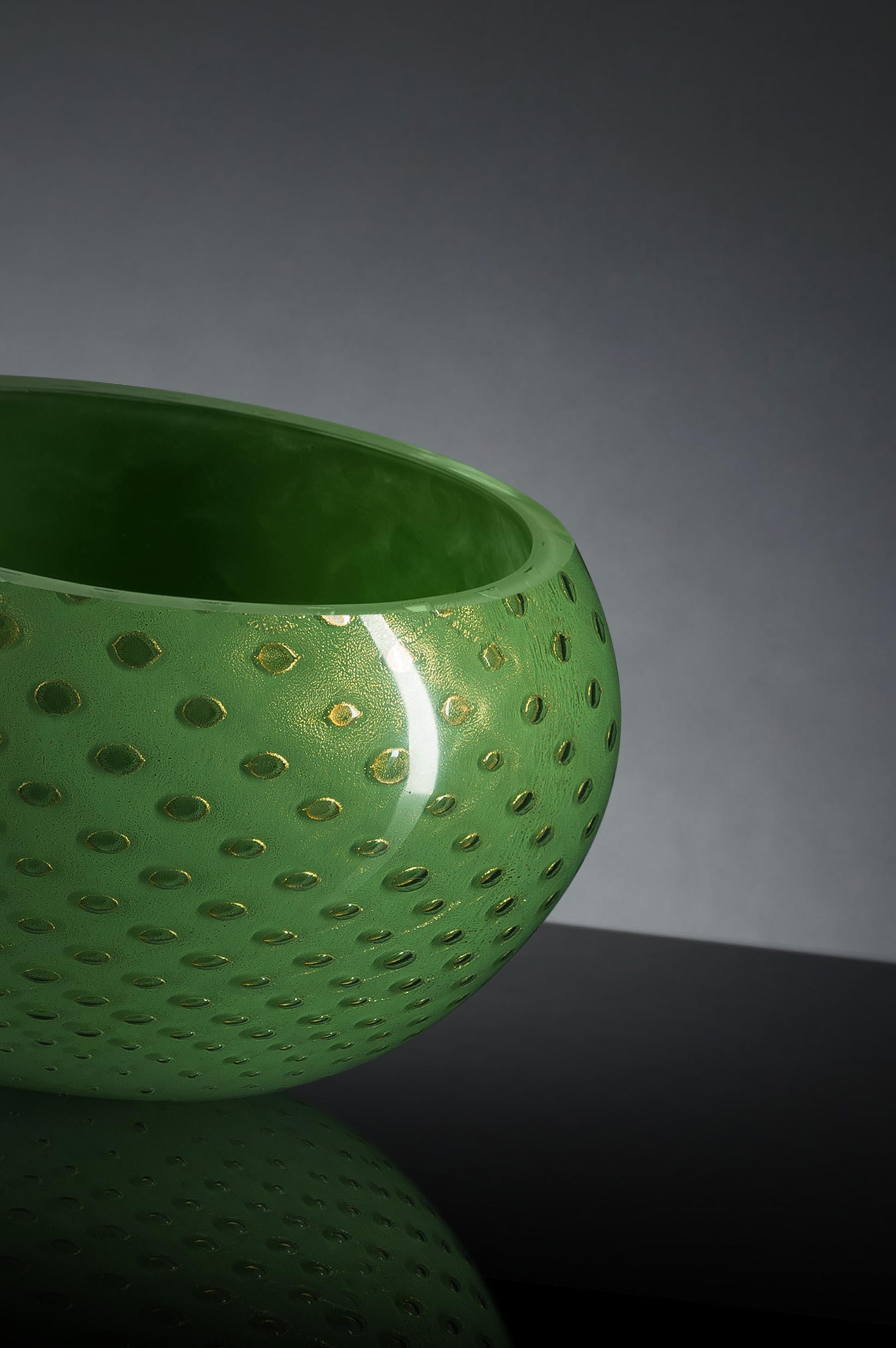 Italian Bowl Mocenigo, Muranese Glass, Gold 24-Karat and Dark Green, Italy For Sale