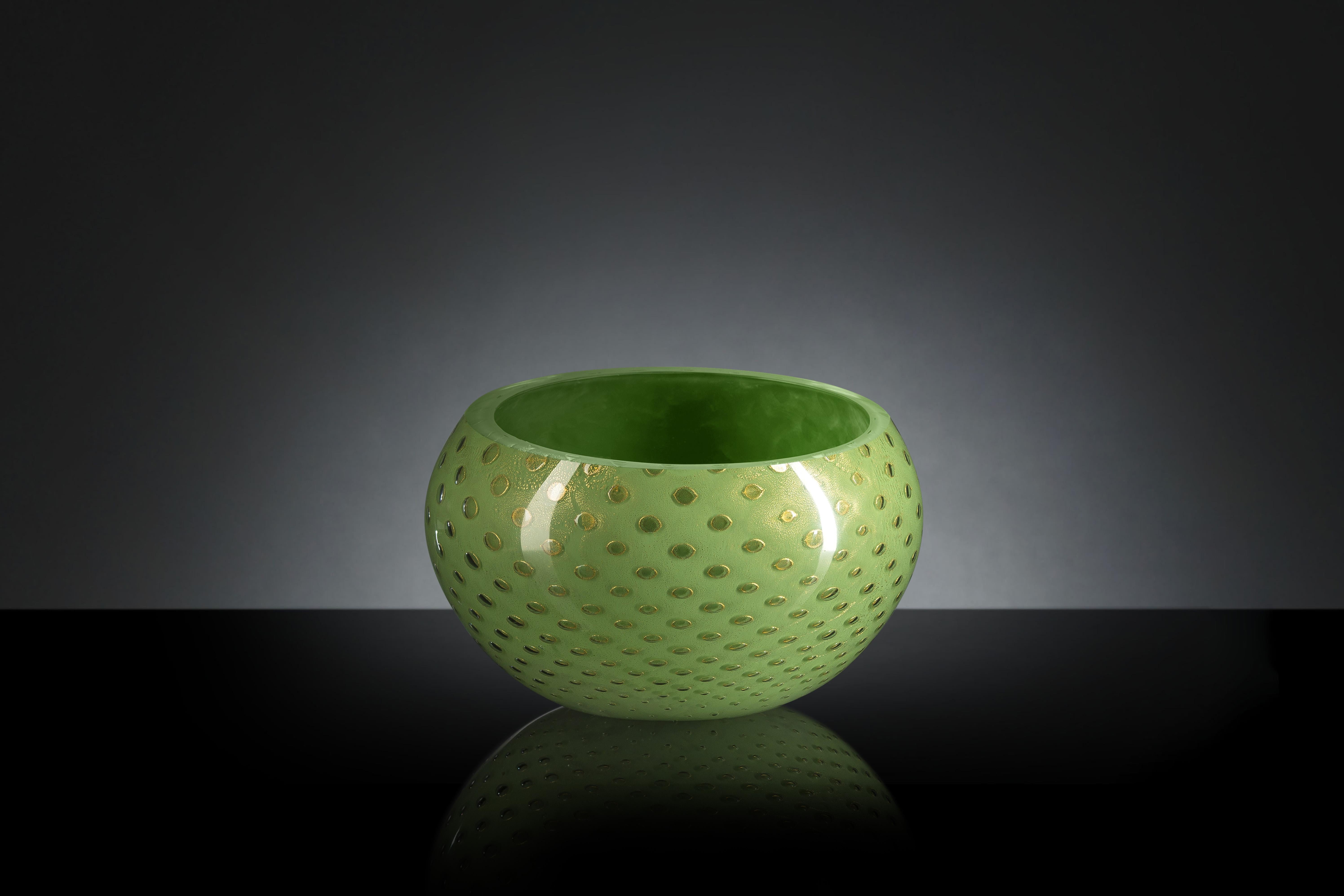 Modern Bowl Mocenigo, Muranese Glass, Gold 24-Karat and Light Green, Italy For Sale