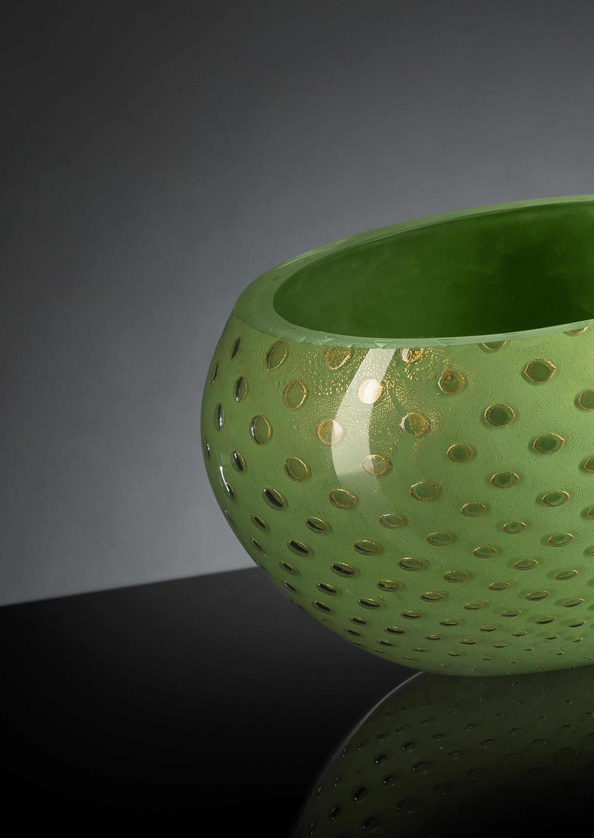 Italian Bowl Mocenigo, Muranese Glass, Gold 24-Karat and Light Green, Italy For Sale