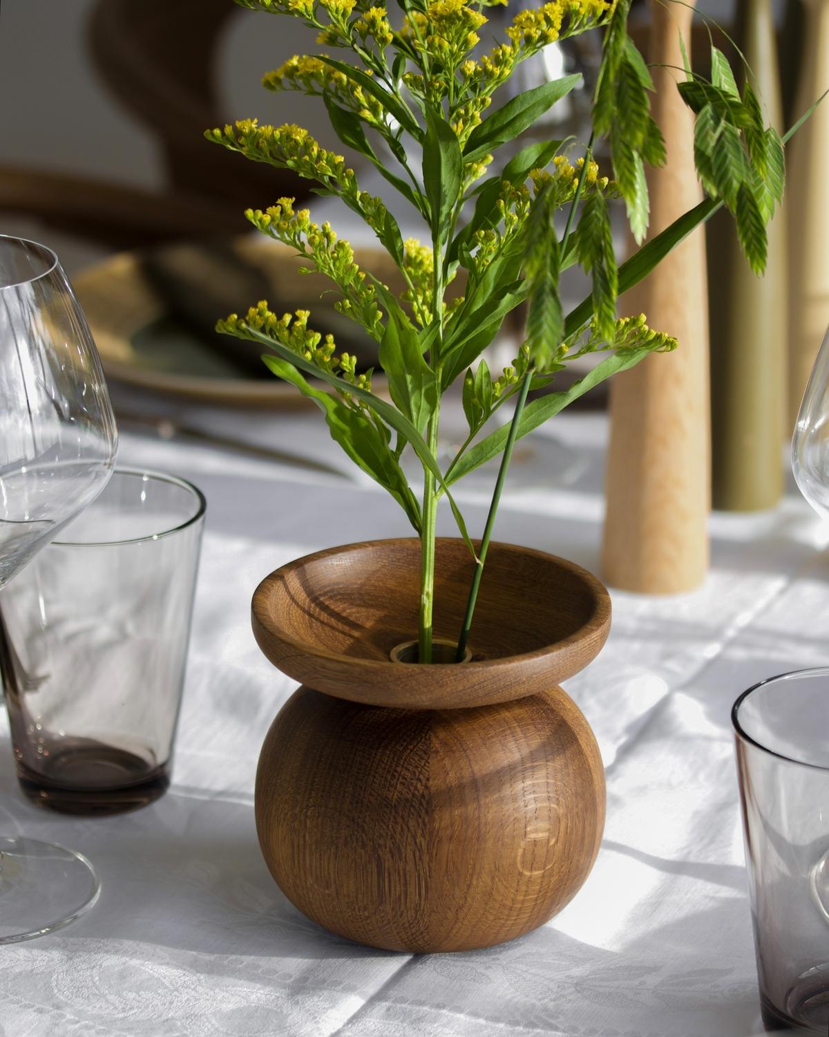 Danish Bowl Shape Black Stained Oak Vase by Applicata For Sale