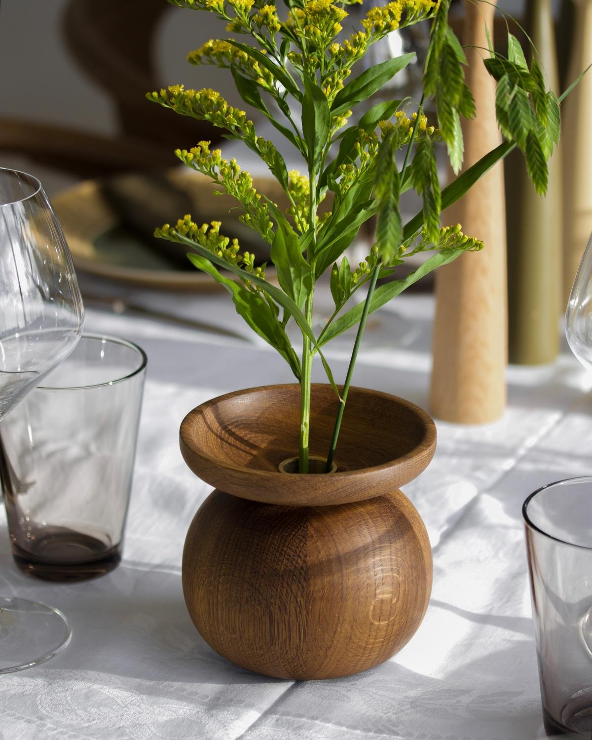 Bowl Shape Smoked Oak Vase by Applicata
Dimensions: D 13 x W 13 x H 14 cm
Materials: Smoked oak.

Available in Ball, Cone, and Bowl shape.
Available in oak, smoked oak, and black stained oak.

The Shape vase collection is a series of sensuous