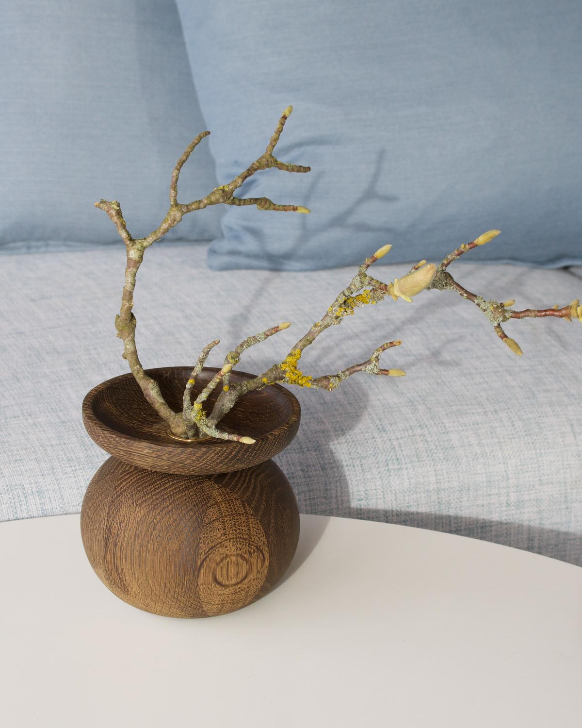 Danish Bowl Shape Smoked Oak Vase by Applicata For Sale
