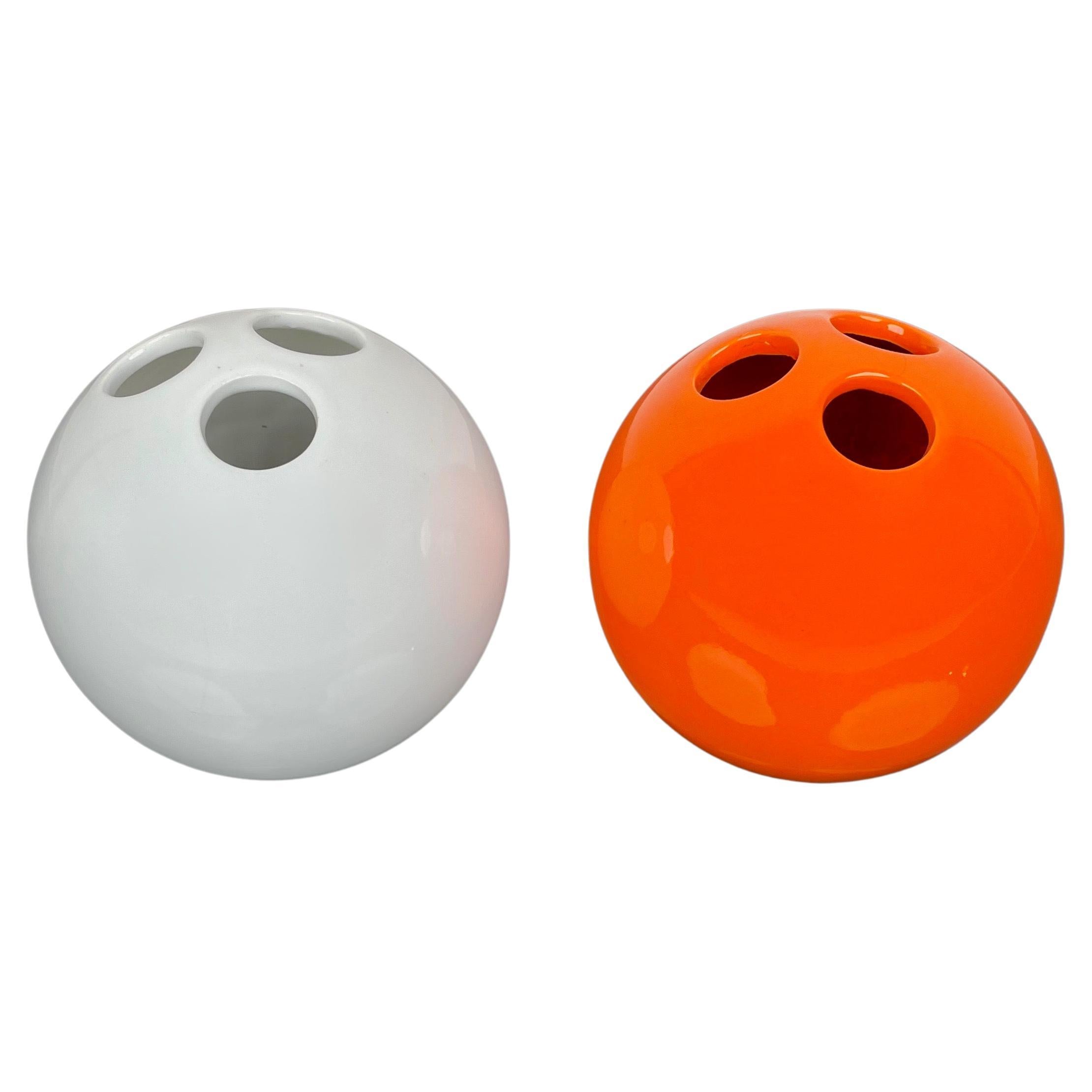 "Bowling Ball" Pair of Orange & White Ceramic Vase by Il Picchio, Italy 1970s