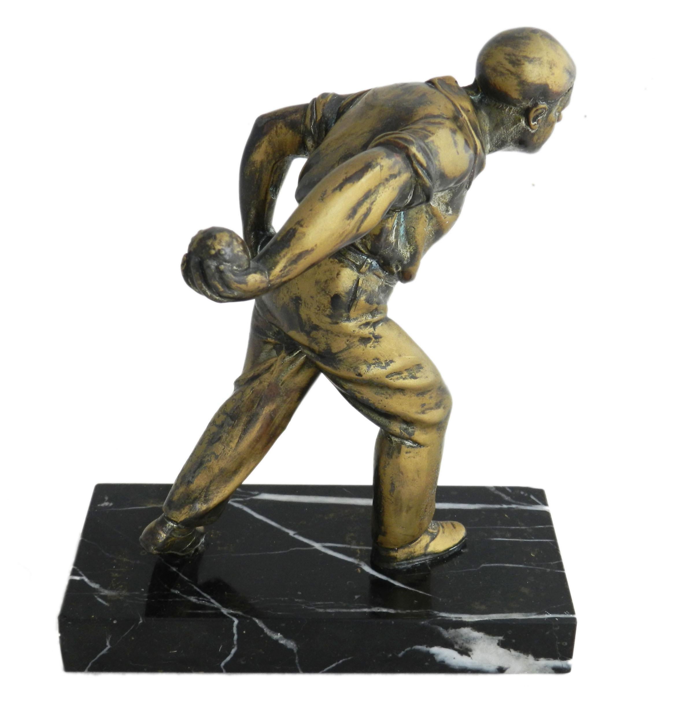 Mid-Century Modern Art Deco Bowls Player Statue Spelter French  For Sale